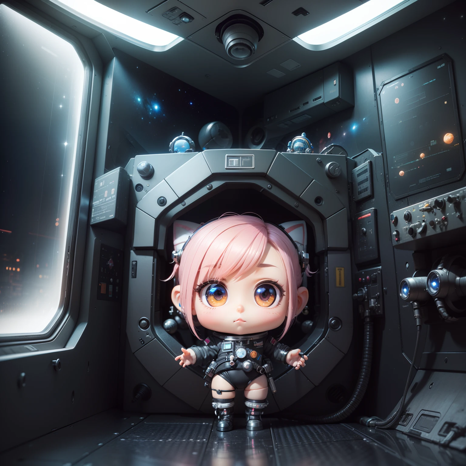 (((Outer Space))) (in the narrow cockpit} of spaceship): 1.4, (spaceship in outer space}) :1.3, (dark universe out the the window):1.3, cybertic design, cybertic room, cybertic wall, embedded light, lots of machines and instruments, planet and cybertic room, cybertic wall, embedded,(((chibi3d))) cute and beautiful chibi anime,👩🏻🚀👨🏼🚀👨🏼🚀