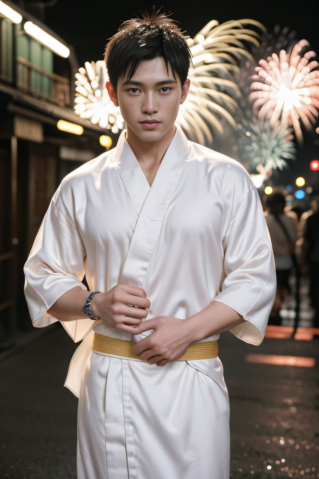 top-quality、​masterpiece、超A high resolution、(realisitic:1.4)、详细的脸、独奏、１human male、Dark hair、glistning skin、dense skin、(asian human)、architectural、(absurderes、hight resolution、ultra-detailliert)、、1 male、Adults、(Man's, 23 years old)、a handsome、tall muscular man、broad shoulder、extra very short hair、angular jaws、thick neck、thick eyebrow、extra very short hair、A dark-haired、fine eyes and detailed face、 Highly detailed CG Unity 8K wallpapers、intricate-detail、(Style Swirl Magic:0.7)、looking at the spectator、独奏、(full body Esbian:0.6)、细致背景、A detailed face、dynamicposes、、Urban background、dynamic compositions、 big muscle、、((((Crotch bulge))))、a handsome、 ((masutepiece:1.4, Best Quality)), ((masutepiece, Best Quality)), (photographrealistic:1.4)、(((Fireworks Festival)))、sports wear、 Pubic hair, Open legs, ,  Abs, ((Erection 1.2)), (Moccoli: 1.4),  Sweating, (He is wet, Wet 1.2),, (Slipping thin underwear, Wet and beautiful 1.4)), Blood vessels in the arm、、Chinese Bishonen、(Stroll through the city of fireworks displays:1.2), food stand, (Yukata made of white simple silk material:1.3),   Smile, red blush,（the perfect body：1.1）、（shorth hair：1.2）、FULL BODYSHOT,（Very elaborate CG 8K wallpapers）、（extremely delicate and beautiful）、（​masterpiece）、（top-quality）:1.0)、(超A high resolution:1.0)、[hight resolution]、detailed skins、ultra-detailliert ((colourfull)), male people、Japan men、Dark blue band