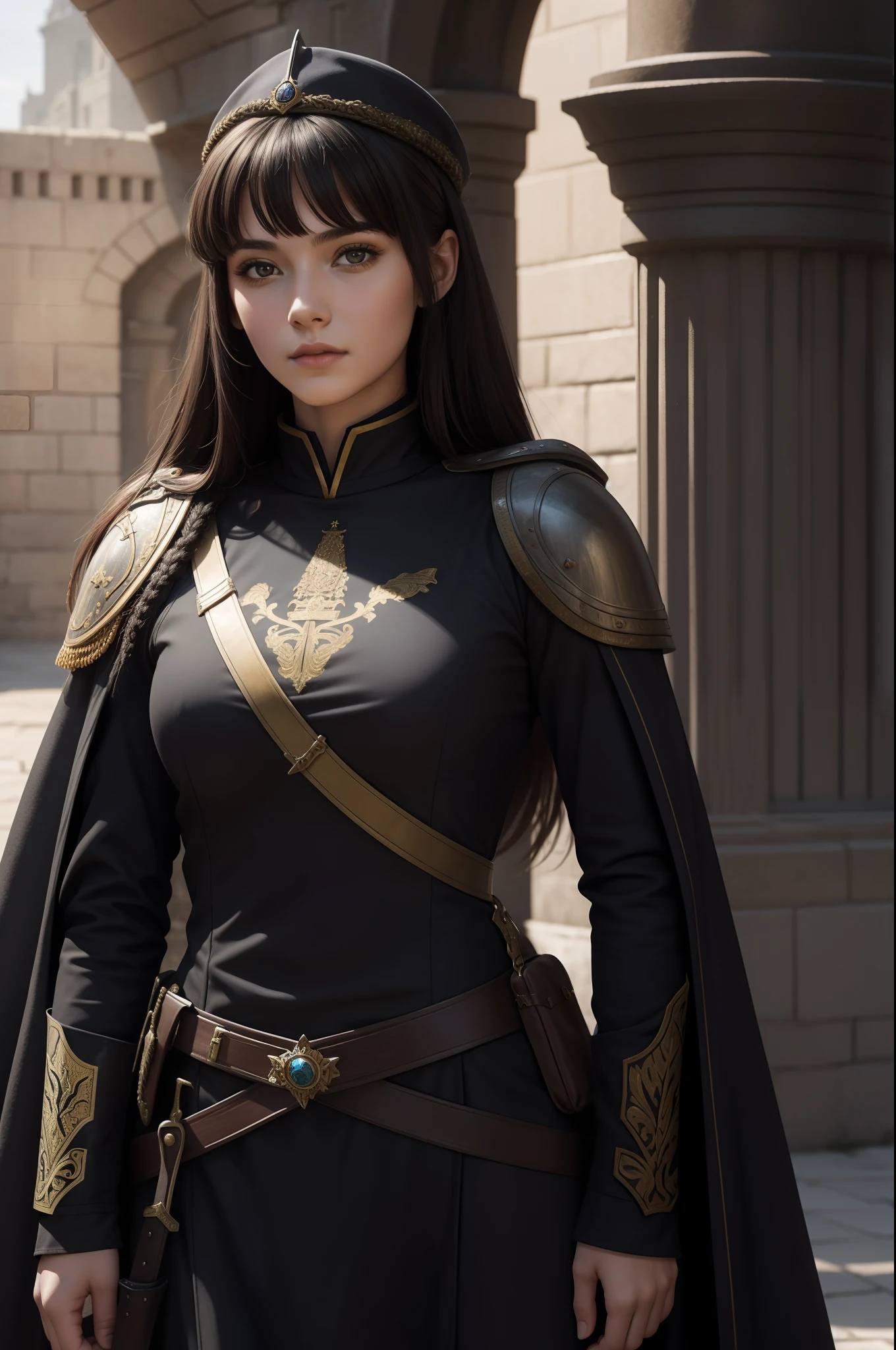 young woman, soldier, city guard, dark hairs, high fantasy style, medieval style