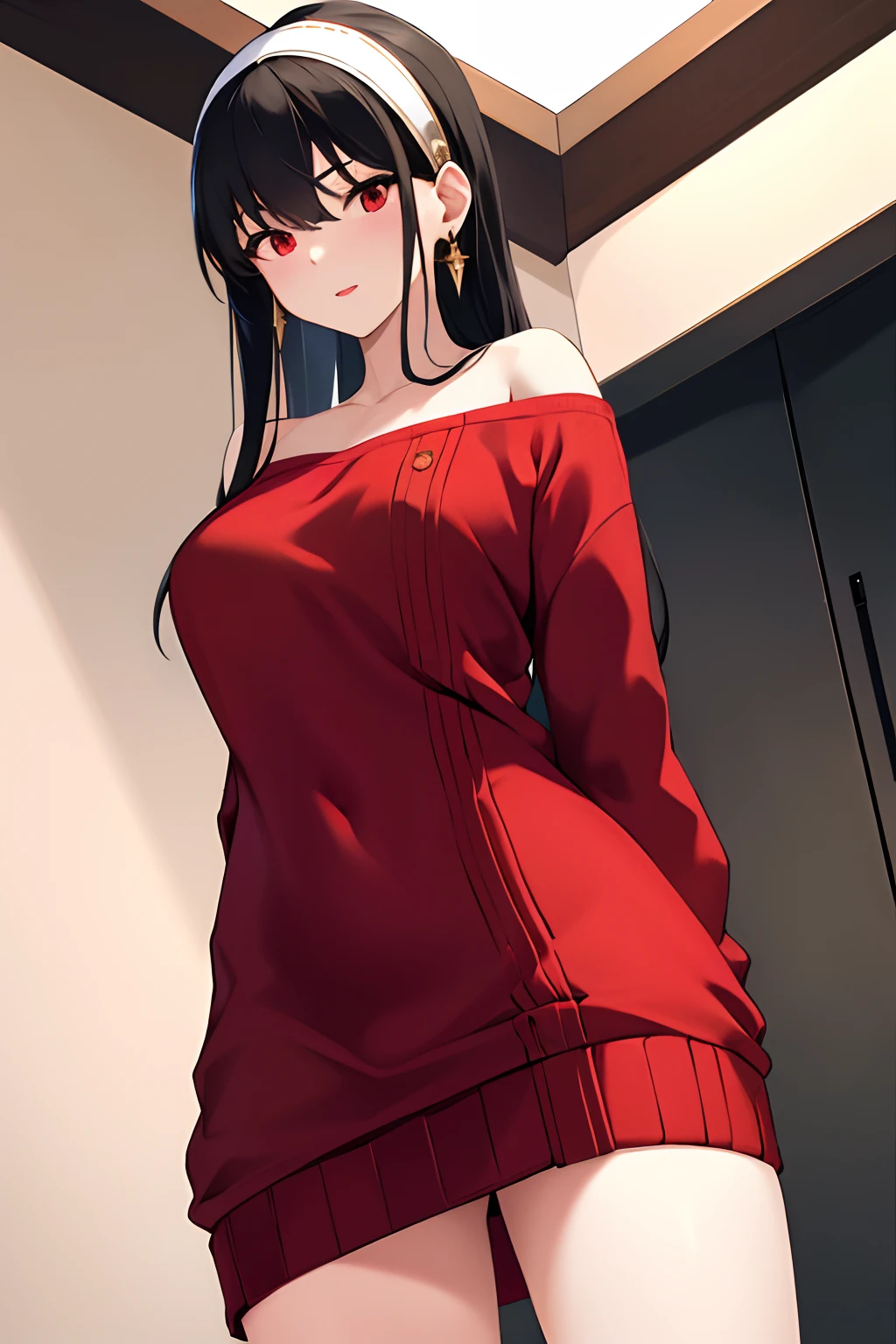 masterpiece, best quality, highres, bbyorf, long hair, white hairband, red eyes, gold earrings, large breasts, jewelry, off shoulder, red sweater, sweater dress, long sleeves, black pantyhose, cowboy shot, standing, from below, spread legs