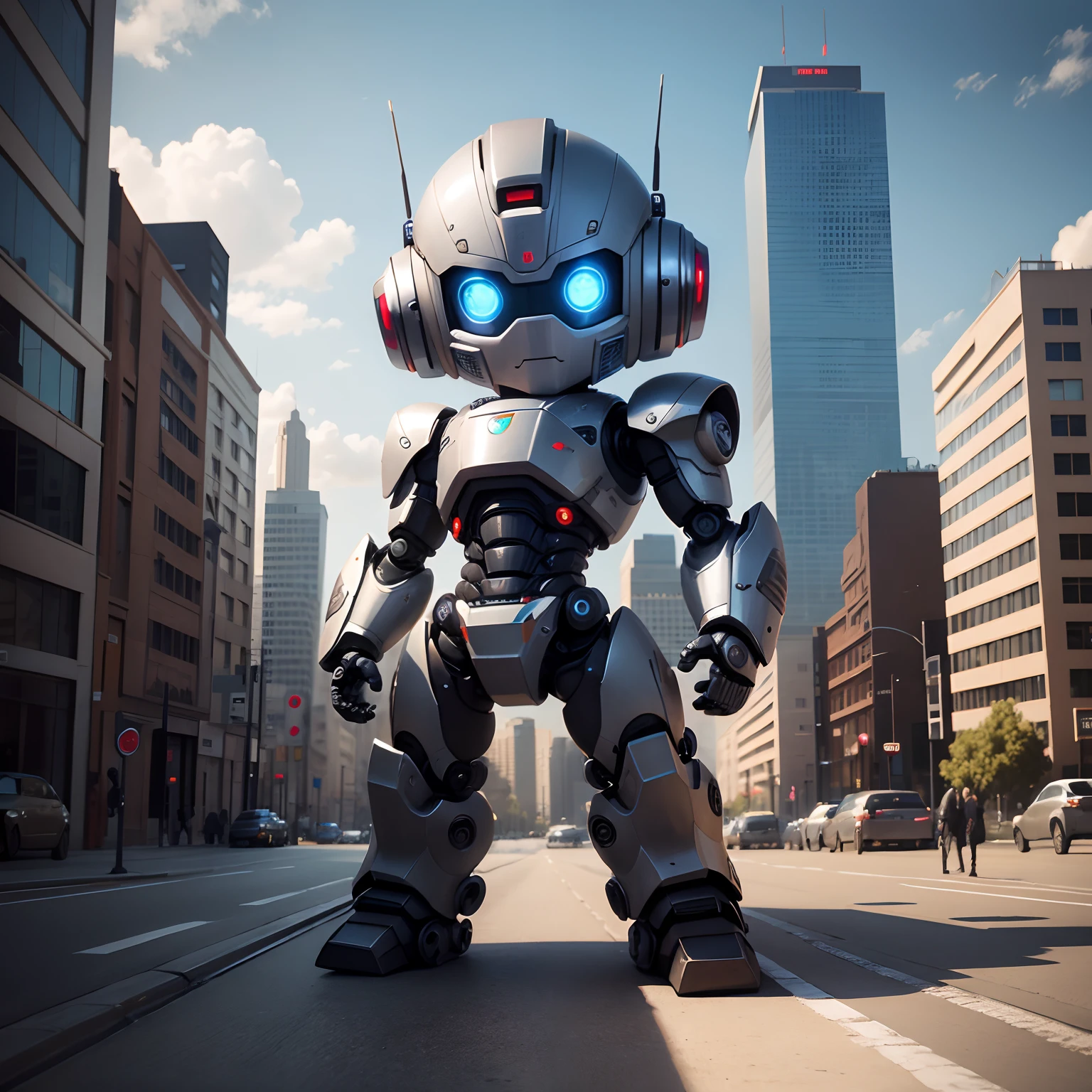 Very detailed realistic robot boy chibi 8k with a city in the background fighting