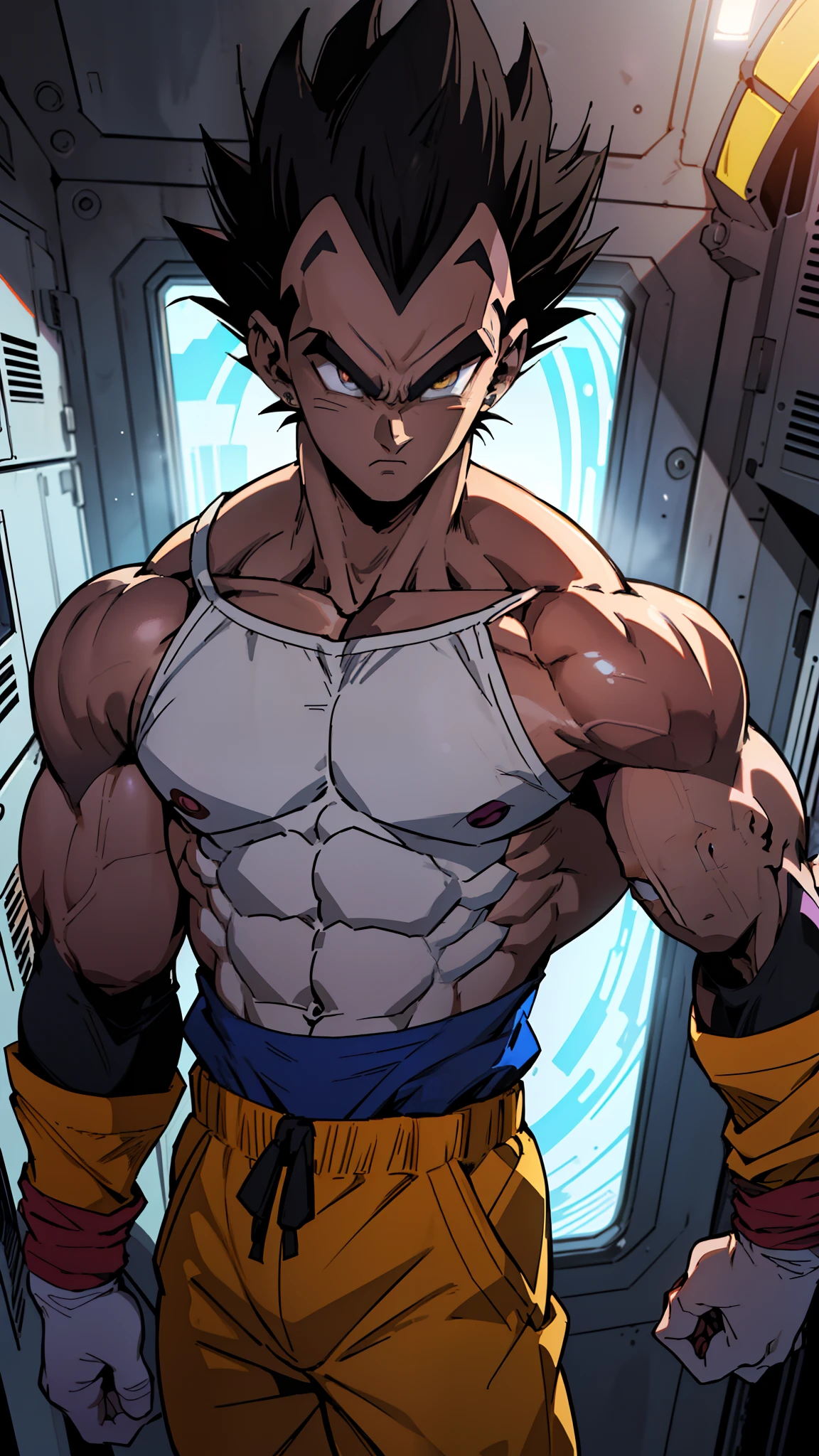 (anime) . Male (man ((Vegeta))), (black eyes + black hair + pink chemise + yellow pant + in the space)  . (Masterpiece: 1.8), (64k quality), (final fantasy artwork concept), detailed (manga eyes + hair + clothes + body + face + colors + shoulders + eyes (globular + transparent + liquid) + (sharper drawings) + (shiny jewelry) + (clothes folds) + (rounded eyes) + (consistent clothes) + (clothing features) + (eyes line), better (colorful + (coarser line) + (black line) + finishing . [Drawing] (Anime (Manga (Comics))) + (Coarse Line: 1.8) + (Black Line: 1.8) + (Color: 1.8) + (Clean: 1.8) + (Contrast: 1.8) + (Black Outline: 1.8) + (adjusted colors: 1.8) + (shadow set: 1.8) + (manga eyes: 1.8) + ((muscle: 1.8)) + ((bodybuilder: 1.8)), ((made homogeneous: 1.3))