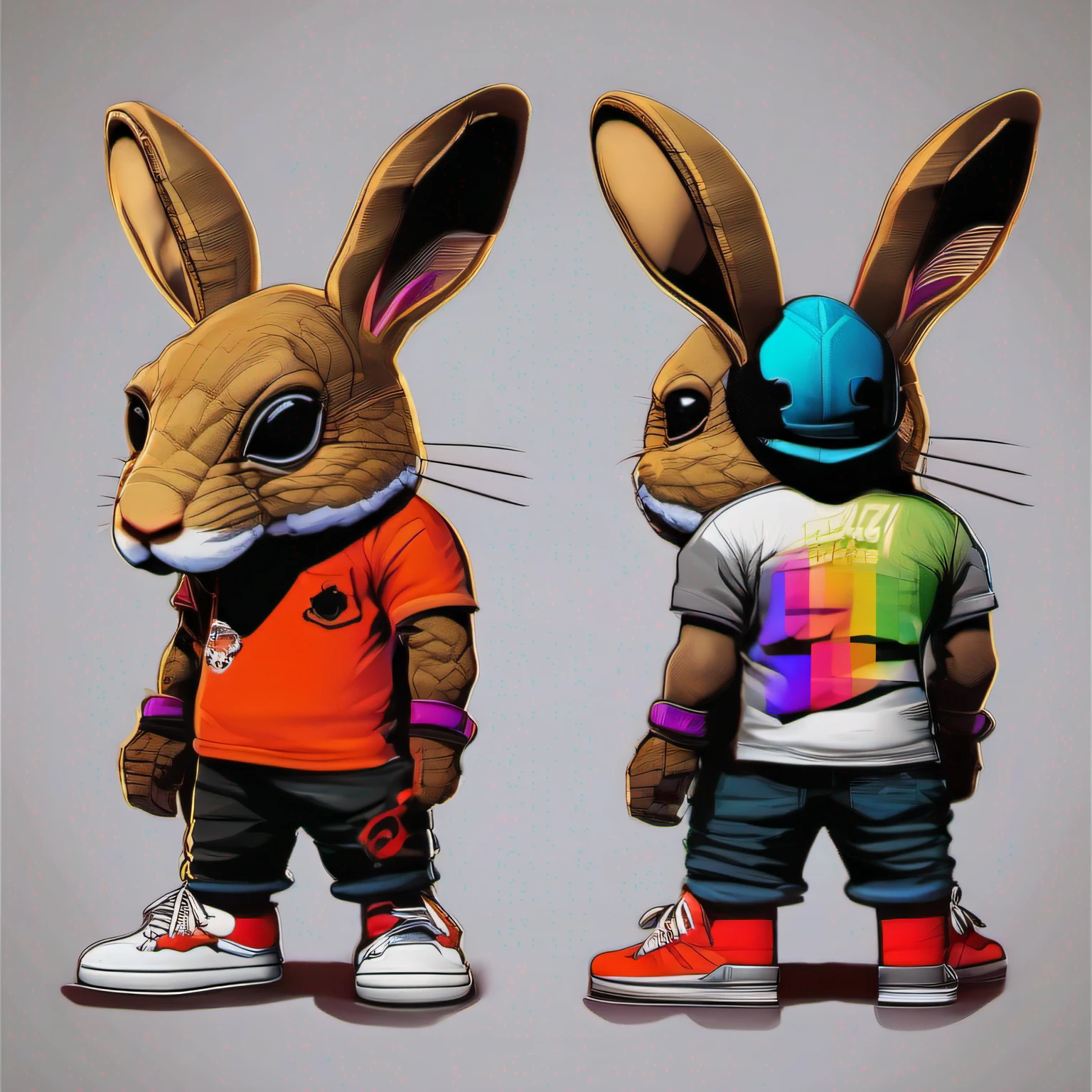 arte da camiseta, 2D, ((fundo preto :1, 5)), vetor, vivid colors, Funny character coelho personagem COM roupa ESTILO hip hop , melhor qualidade, detalhes intrincados, Realistic details, luz de aro, cinematic shading, Greg Rutkowisk,