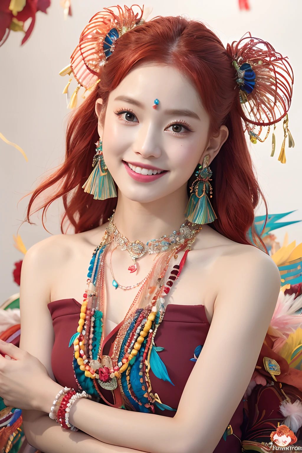 (extra detailed body、extra detailed face、best qualtiy:1.2)、femele、looking at the viewers、(red hairs、Hair ornament with a large number of carnation flowers、A smile、17 age、Earrings with feathers up to the shoulders、Fancy Necklaces、A bracelet)、(Blue sky chaos on background:1.4)