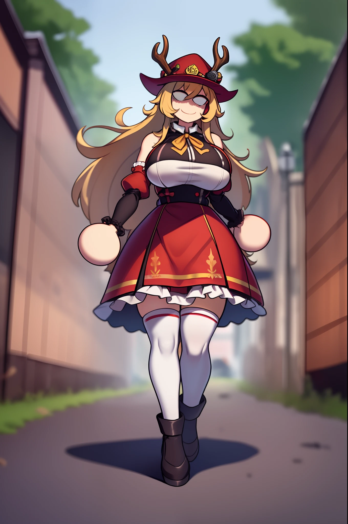necoarc,r, red skirt, skirt, yellow bow, antlers, black bloomers, detached sleeves, hat, pom pom \(clothes\), red headwear, tassel, 2d, cartoon, skirt, thicc body, huge breast, long dress,, walking, pullover,vest,maid, long hair , blond hair, big skirt