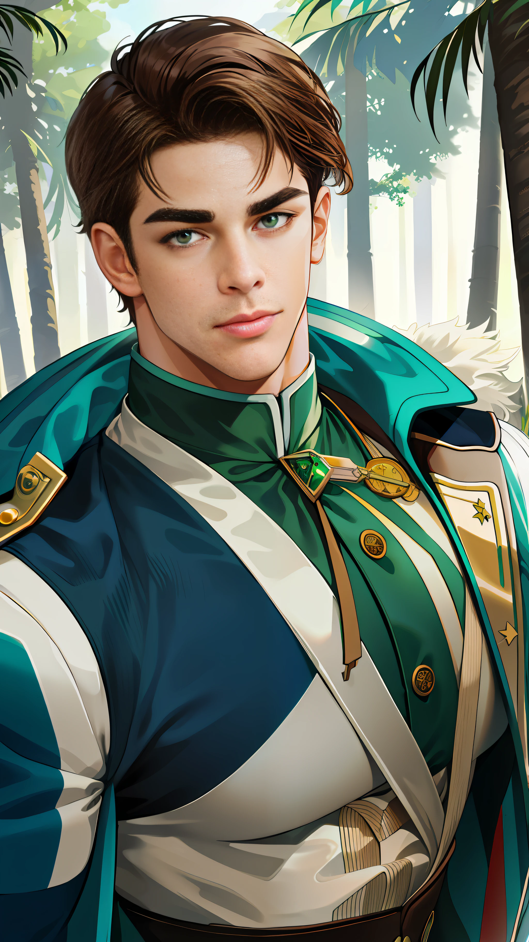 (absurd, high resolution, super detailed), (1 male, solo, adult, mature, adult, handsome), wavy brown hair, green eyes, (angular chin, thick neck, thick eyebrows), break, forest, fantasy, uniform, extremely detailed face