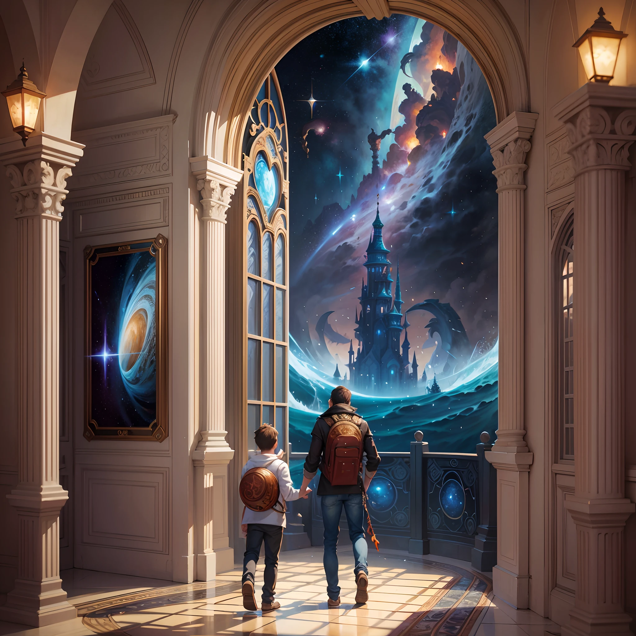 The Book of Arafeld,father and son,tmasterpiece,filigree,To look at the universe is to walk,The door opens like a book,A wave emerged from it,fantasy book illustration, cyril rolando and m.Kaluta, cyril rolando and m. Kaluta, surrealistic digital artwork, Best quality,3 d epic illustrations, Inspired by Cyril Rolando