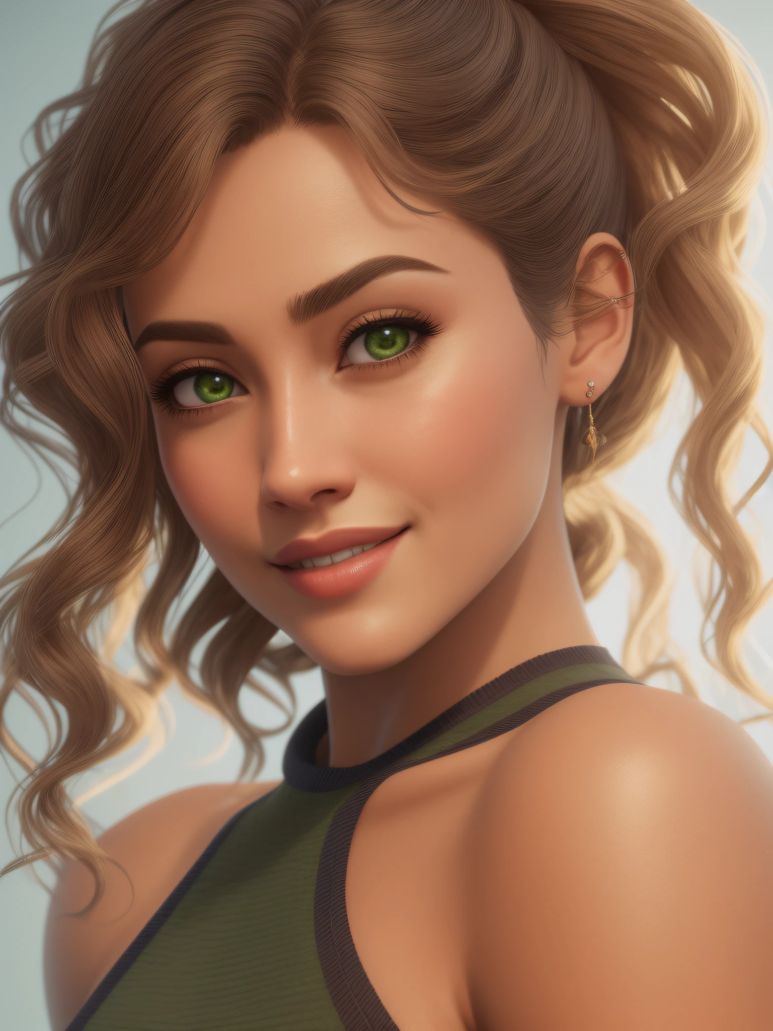 (master part), melhor qualidade de sempre. Close portrait of beautiful young model wearing fashionable casual clothes, medium shot, cabelos longos e cacheados, rabo-de-cavalo, corpo atletico, pele bonita bronzeada e delicada, olhos verdes claros, Rosto oval deslumbrante, skin pores, unforgettable smile, sorriso terno e brilhante, cantos levantados da boca, rosto com covinhas, olhar sedutor. Conceptual character, arte conceitual, Impacto visual. intrincado, insanamente detalhado, Unreal Engine 5 rendering, fotorrealista, espalhamento subsuperficial da pele, alta amostragem, Alta contagem de pixels, Detalhes faciais extremos, Level AAA, Cinematic lighting, retoque comercial caro, commercial post-production, Post processing, HDR , 32k