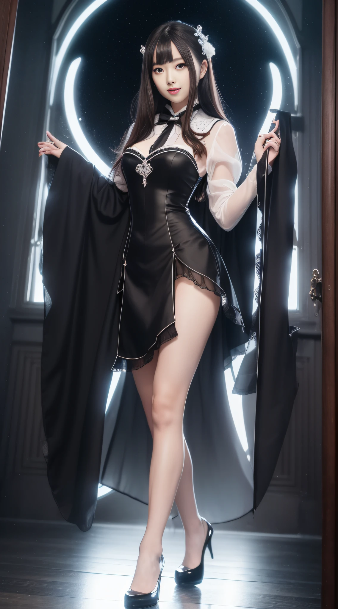 Charming beauties、OL、White blouses、Black pleated skirt、stockings、charming oval face、二重まぶた、Clear eyes、red lipsticks、Beautiful thin legs、toned ankles、The ultra -The high-definition、The ultra-detailliert、Elegant standing figure、Create a slender lower body curve、Expressing adult femininity、top-quality、8K、ultra-detailliert、soio、9 head body、Night、Move ki、The Darkness、seductiv、brainwashed、Evil Fall、possess、Blackening