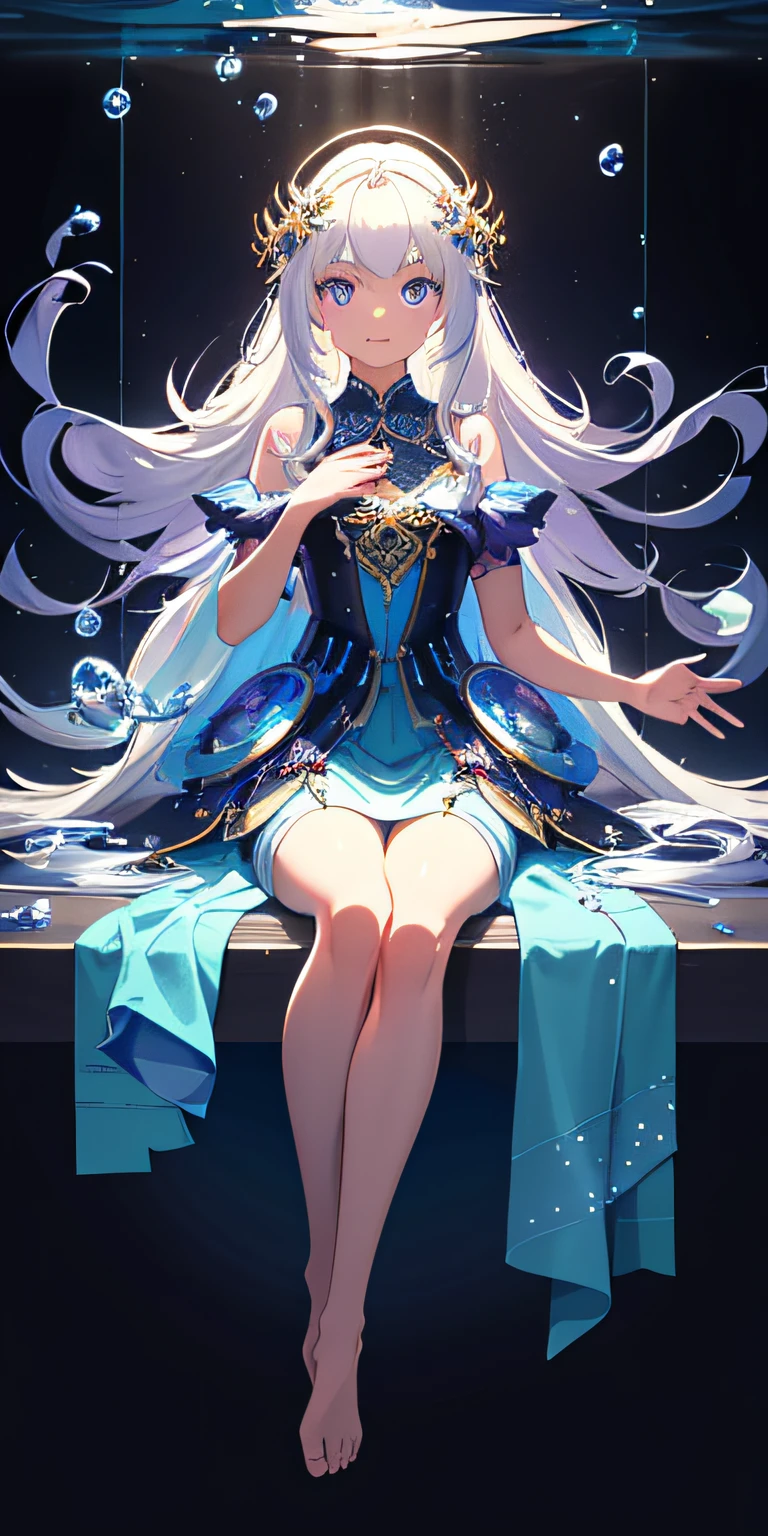 [(Transparent background:1.5)::5],(((Masterpiece))),(((Best quality))),(((Extremely detailed))),illustration, 1girll,Solo,mysterious,vivd colour,Shiny, Underwater transparent sealed hemispherical glass dome, (White hair),(Purple eyes), full bodyesbian,Barefoot,Long hair tranquility nature, Koi,Underwater, Dome,Close up,Dynamic actions,Lens perspective,(((Box composition))),sitting cross-legged，Leaning against the bookshelf, voluminetric lighting, multi colored eyes, Detailed eyes, ultra - detailed,Light smile, Highly detailed, Beautiful, small detailed, Ultra detailed, Best quality, Intricate, 4K, 8K, trending on artstationh, Good anatomy, Beautiful lighting, Award-winning,