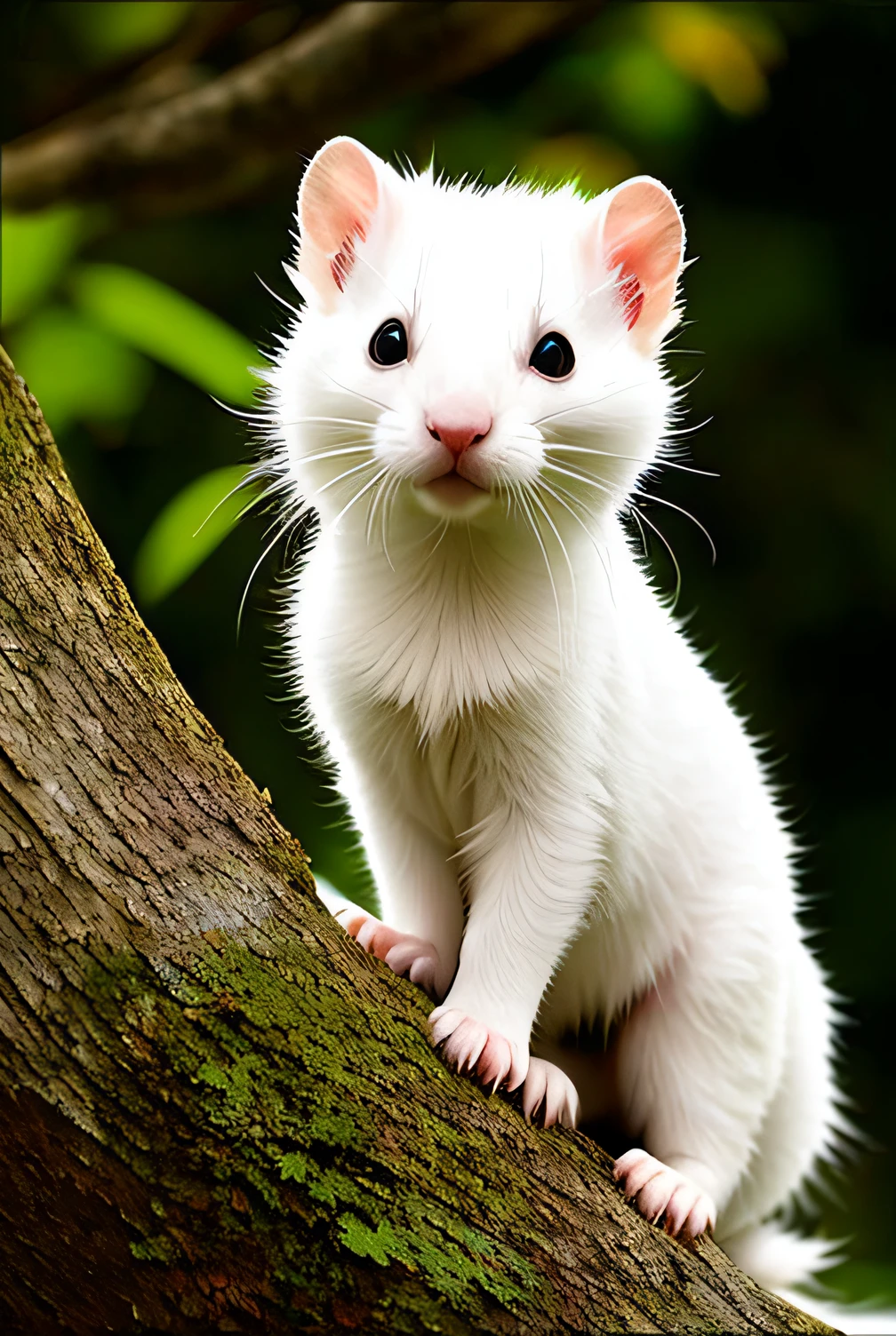 There is a white animal that is standing on a tree branch, arminho, Doninha - Ferret - Stoat ) ], Doninha - Ferret - Stoat ), doninha, albino dwarf, doninha comprida, inspirado em Marten Post, lindo bonito, bonito bonito, Albino, mexendo em uma doninha, hairy ferret, animal bonito, lindos olhos brancos brilhantes