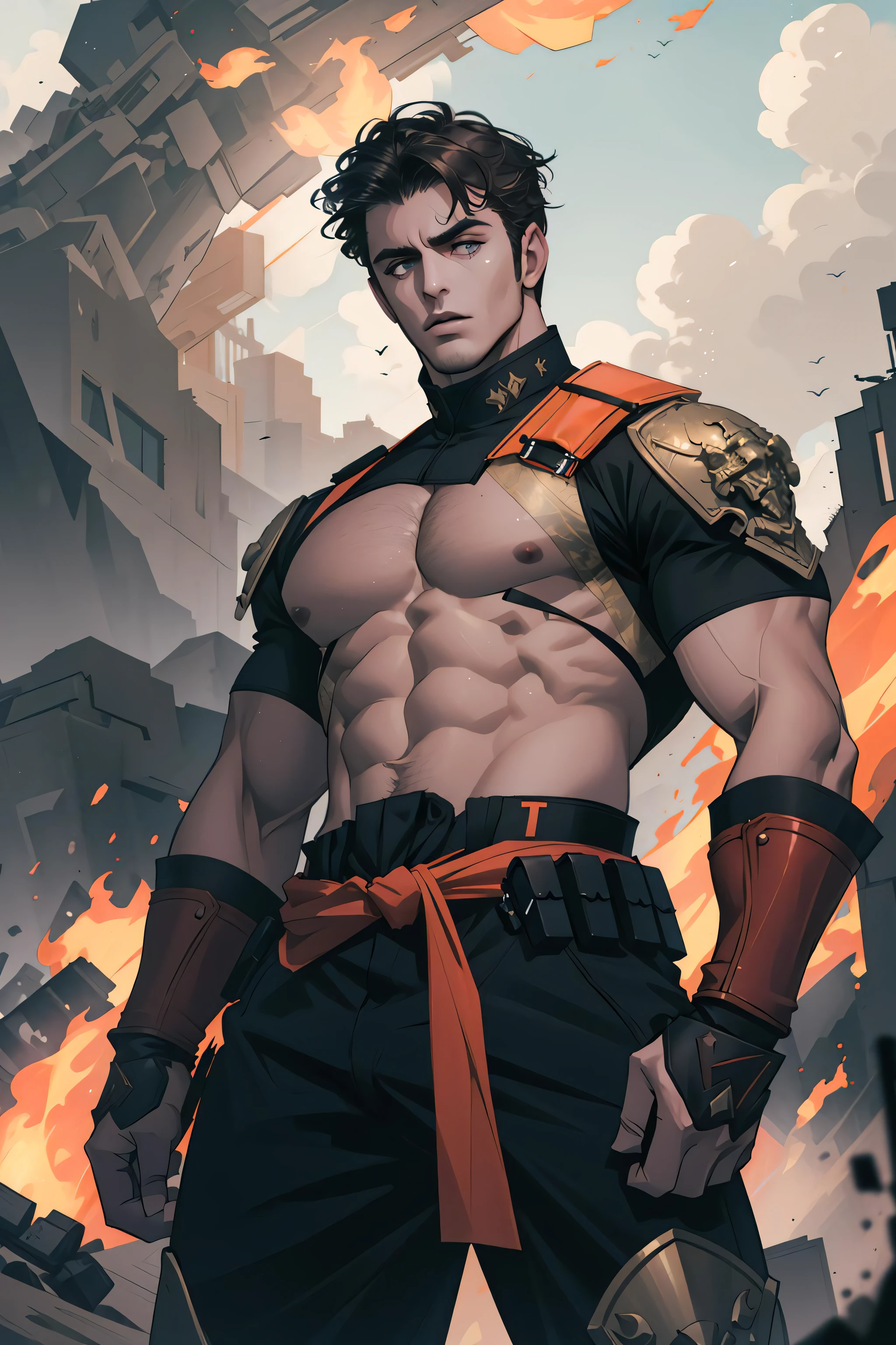 (masterpiece, best quality), 1 male, mature, aged up:1.4, tall muscular guy, broad shoulders, finely detailed eyes and detailed face, extremely detailed CG unity 8k wallpaper, intricate details, very short hair, mercenary, Flame Effect, strong fist, Battle action, dramatic, dynamic motion, fighter, Desert, sandstorm, cloudy sky
