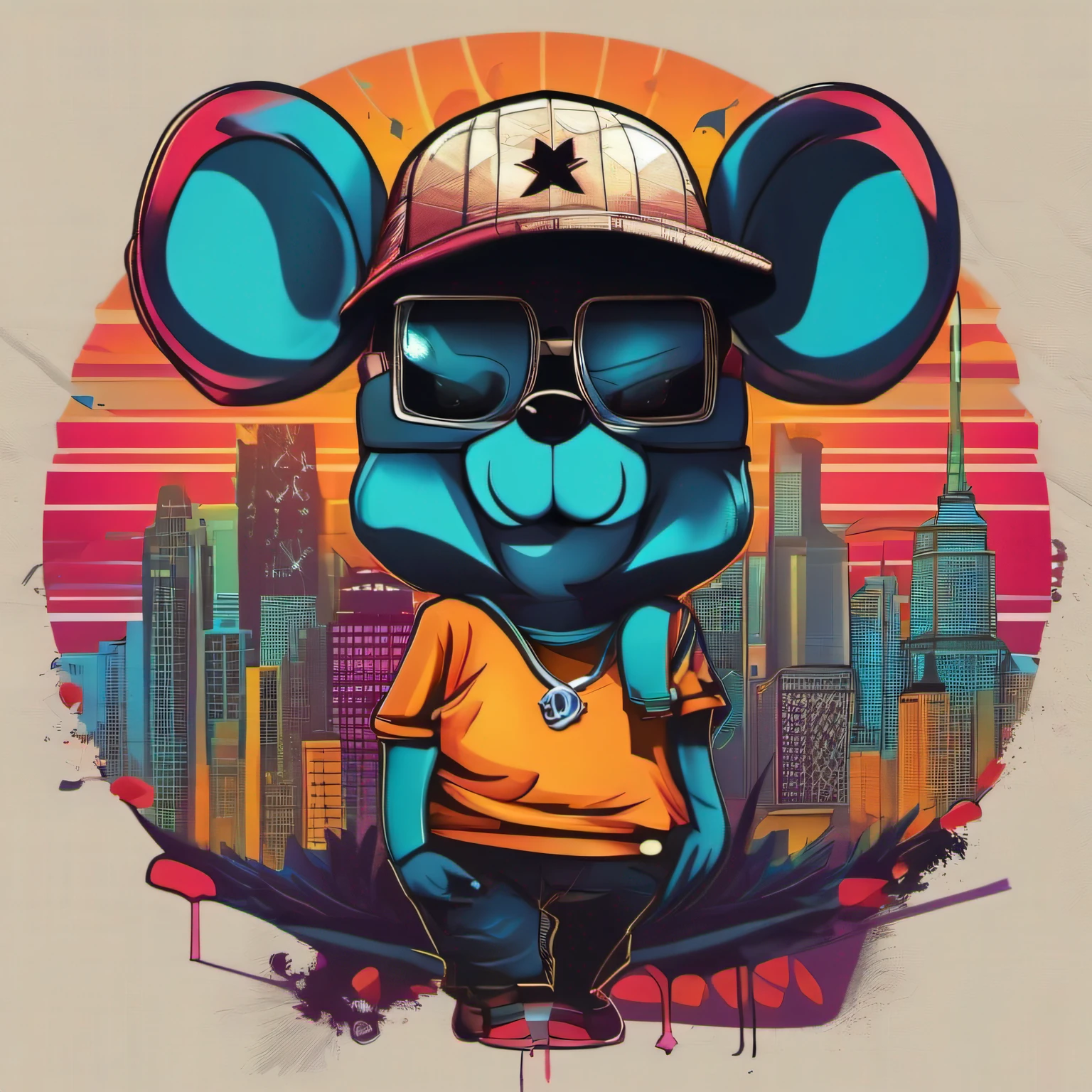 arte da camiseta, 2D, ((fundo preto :1, 5)), vetor, vivid colors, Funny character coelho personagem COM roupa ESTILO hip hop , melhor qualidade, detalhes intrincados, Realistic details, luz de aro, cinematic shading, Greg Rutkowisk,