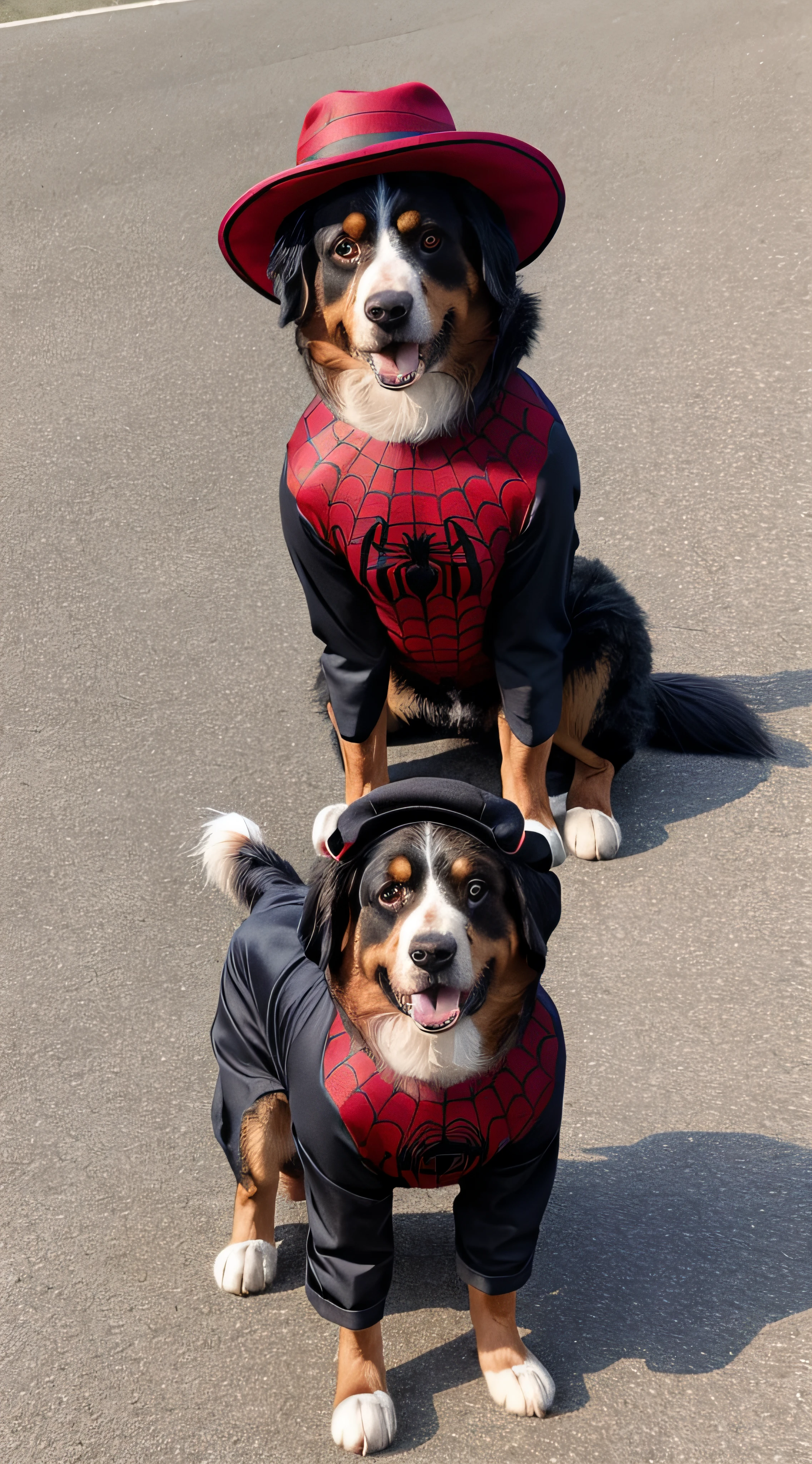 dog, realistic, hairy, clothed animal, apple, dark circles, blush, cherry, full body, hat, dog as tom holland spiderman, dog wear tom holland spiderman suit custom, non-human