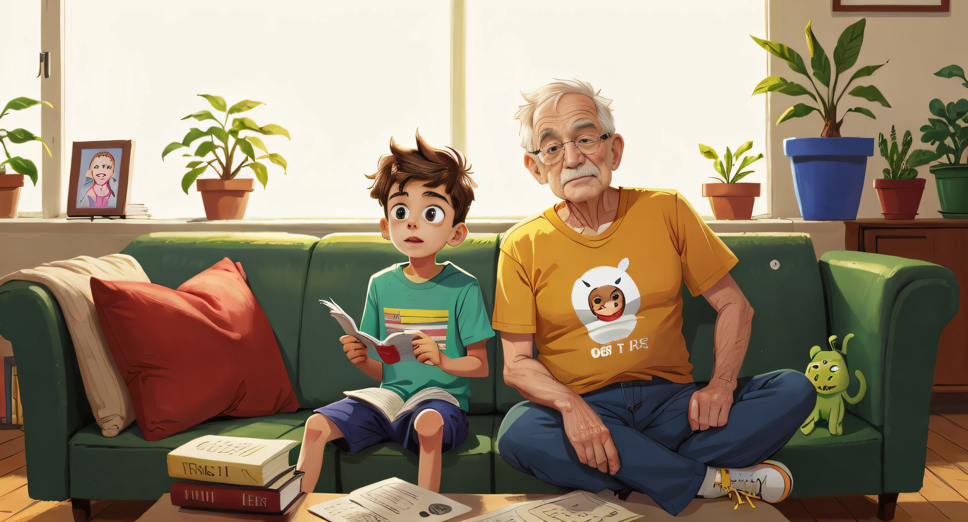 Lucas tem 9 anos e escreve em caderno, and the grandfather sitting on the couch in the living room talking