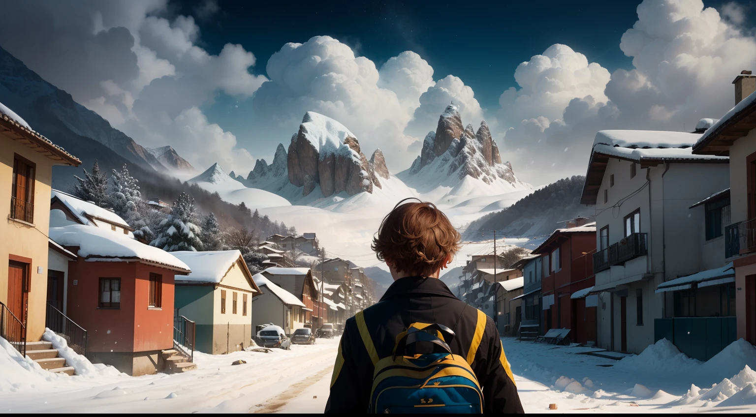 (master part), (best quality), (ultra-detalhado), (Amazing:1.1), 12mm f2.8 lentes, morning glory, ((((corpo inteiro), tiro nas costas, ambulante))), (((A small surreal village at the foot of the snowy mountains))), ((((A high school boy with a full-body gunshot wound to the back)))), Escada brilhante do anjo da luz, (((((sem olhar para mim))))), ((A high school boy lost in a surreal world)), (), (((bela pequena aldeia surreal))), A high school boy who goes on a roadless road, fluxo de vento, flores florescem, (((usando uniforme escolar simples))), cabelos pretos, 8 tamanho natural, penteados detalhados, linha de corpo detalhada, (((fantasia))), joias voadoras, fronteira, Surrealismo, (magnificent space), arte conceitual, .RAW, papel de parede, poster, foco nítido, hiper-realismo, cristalino, perfeccionismo, 4k UHD,
