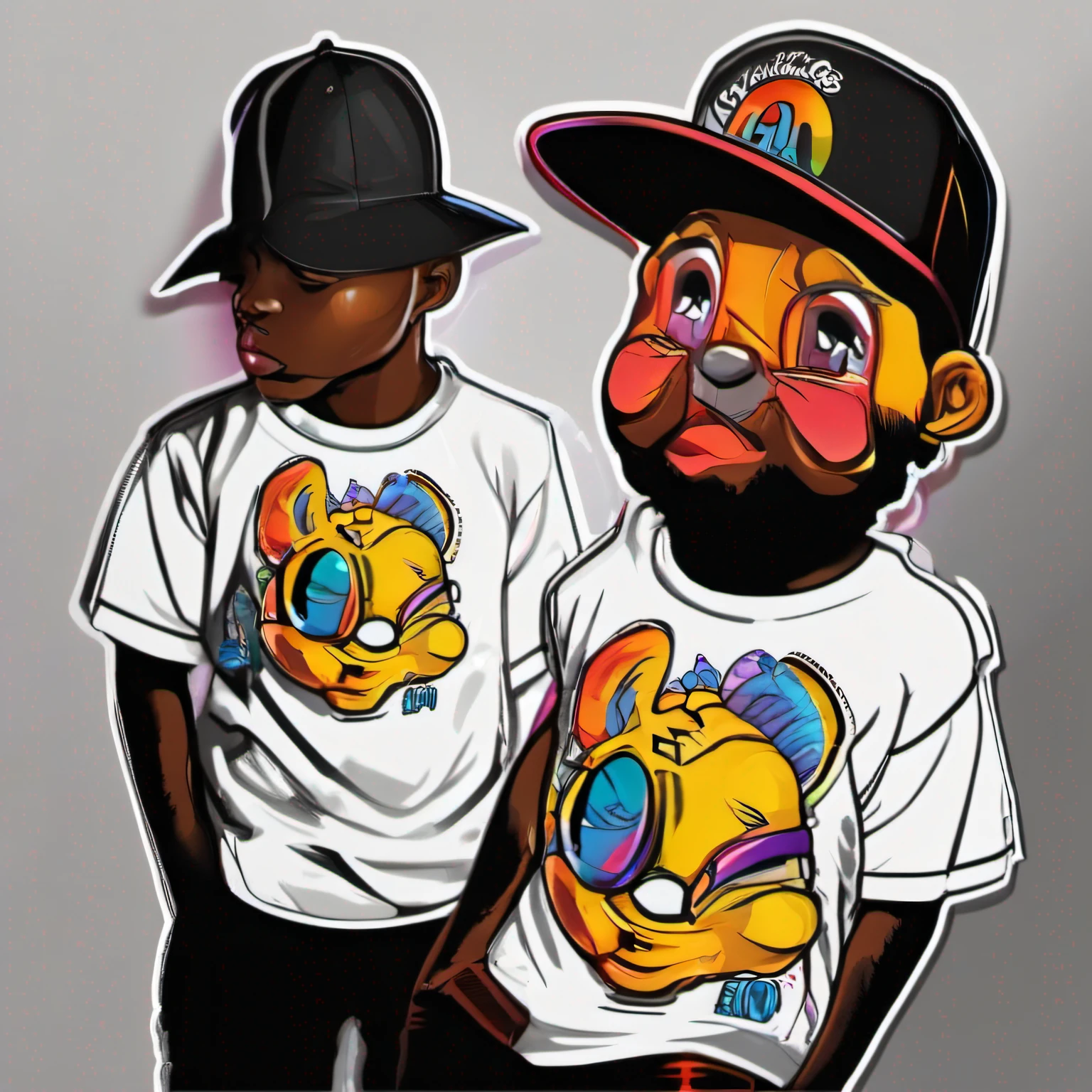 arte da camiseta, 2D, ((fundo preto :1, 5)), vetor, vivid colors, Funny character coelho personagem COM roupa ESTILO hip hop , melhor qualidade, detalhes intrincados, Realistic details, luz de aro, cinematic shading, Greg Rutkowisk,