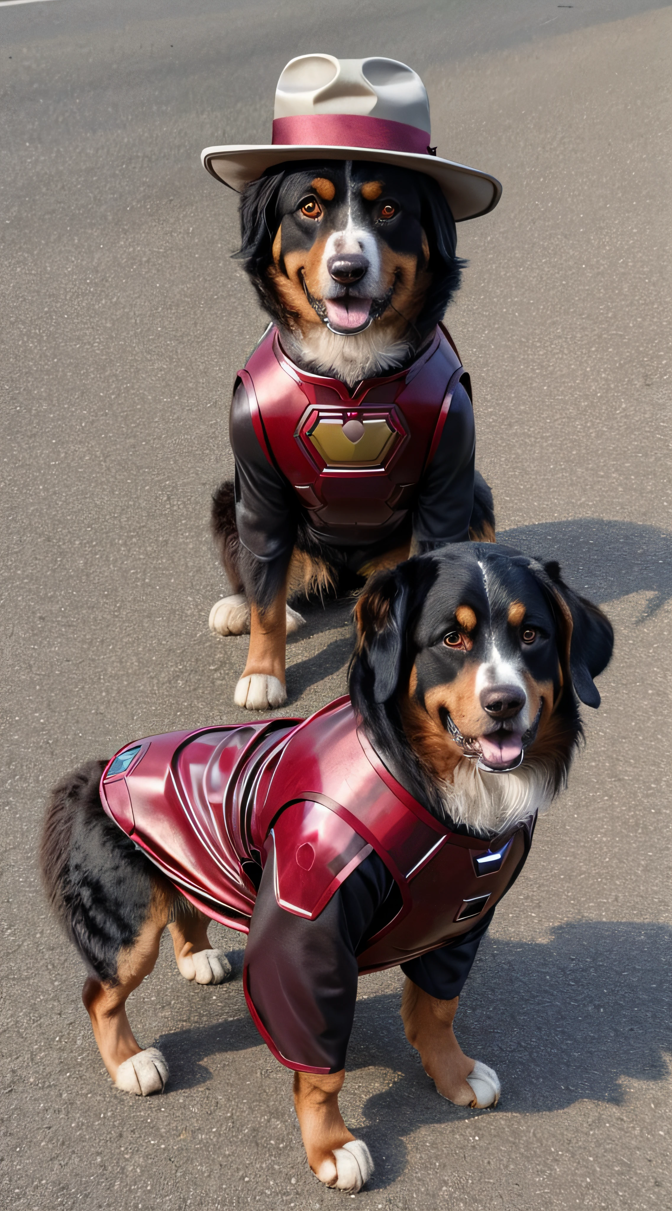 dog, realistic, hairy, clothed animal, apple, dark circles, blush, cherry, full body, hat, dog as tony stark ironman, dog wear tony stark ironman suit custom, non-human