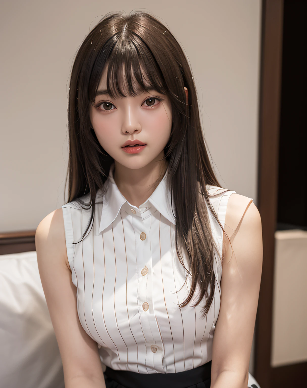 zydG, 1girl, detailed skin, looking at viewer, brown eyes, (long hair with bangs:1.2), (medium breasts:1.0), (photorealistic:1.4), (best quality:1.0), (ultra highres:1.0), 8k, RAW photo, (masterpiece:0.2), (pureerosface_v1:0.5), (sleeveless collared white shirt:1.2), high waisted plated skirt, vertical stripe