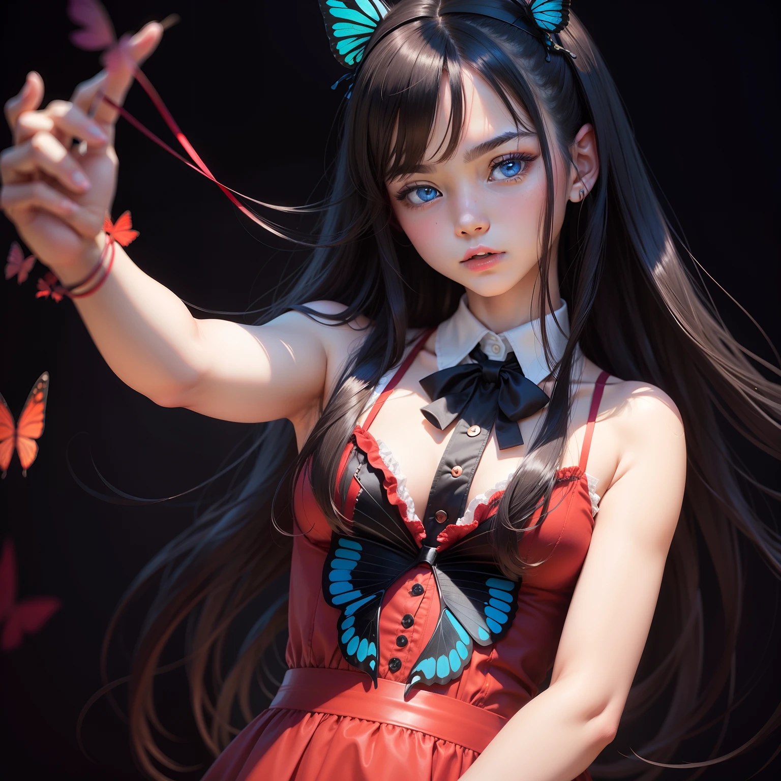 1 girl, grup idol, cute face, red dress,butterfly ribbon, 17 year old, 17 years ago, black hair, blue eyes, 70mm lens,