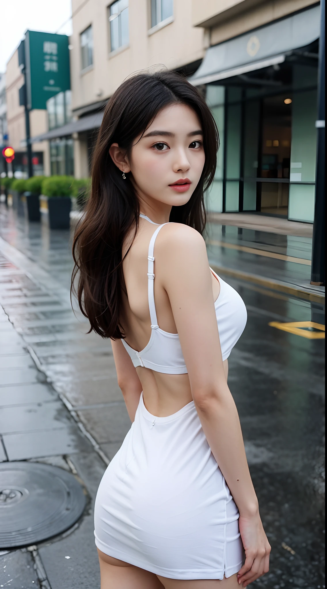 ((best qualtiy, 8k, tmasterpiece:1.3)), Focus:1.2, perfect figure beautiful woman:1.4, Cocked buttocks:1.2, ((Cut hair in layers, )), , (Rain, Street:1.3), shift dresses:1.1,Black underwear shoulder strap Highly delicate face and skin thick eyebrow eyes, 二重まぶた，Whiten skin，long whitr hair,(with a round face:1.5)