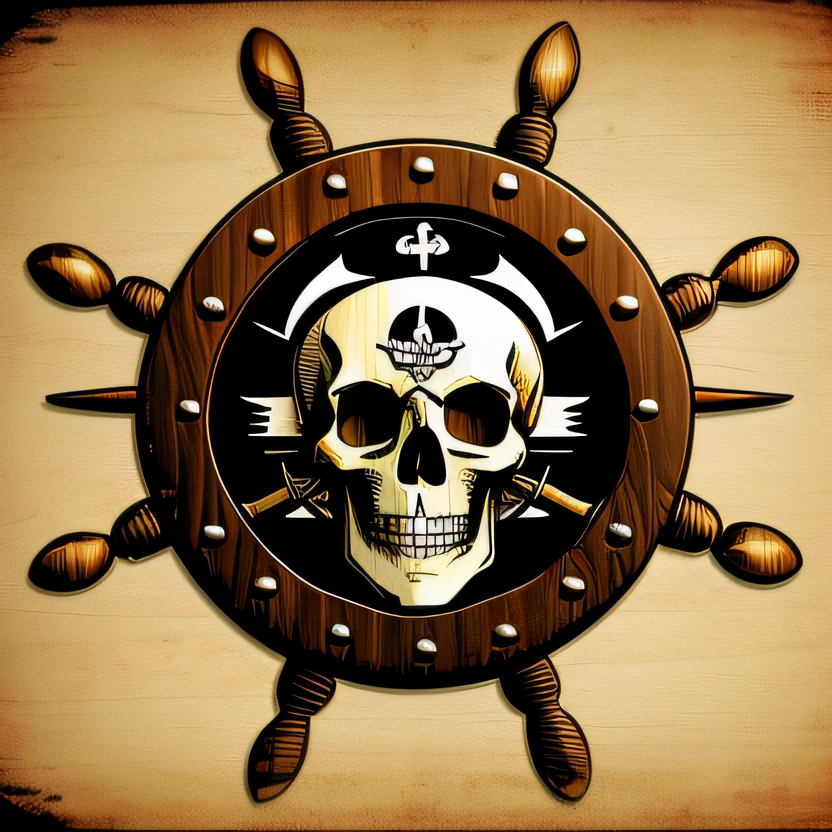 (RUDDER) Hay una rueda pirata, wooden rudder with a skull, un volante, ornate piracy, Logotipo pirata, pirate themed, PIRATA, steampunk design, Themed steampunk images, Arte Steampunk de alta calidad, Entorno pirata, Estilo Sea of Thieves, detailed steampunk illustration, Skull and bones, Arte vectorial altamente detallado, Wooden boat rudder
