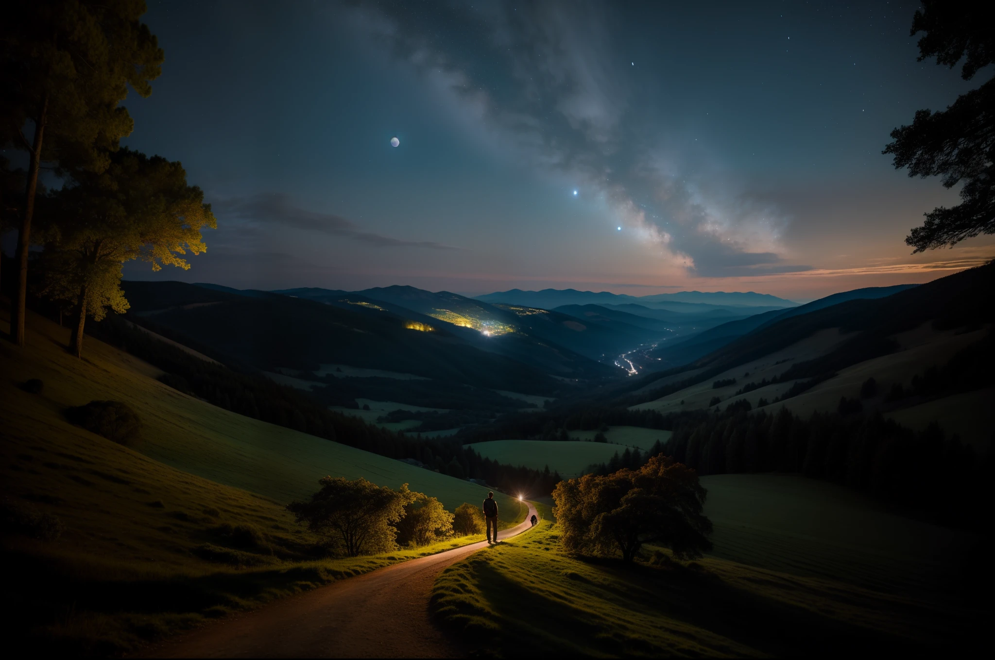 Portrait of a young young man walking at the of a hill, surrounded by big trees. View of the valley below. Magical and quiet atmosphere. Illuminated by full moonlight. Starry night.