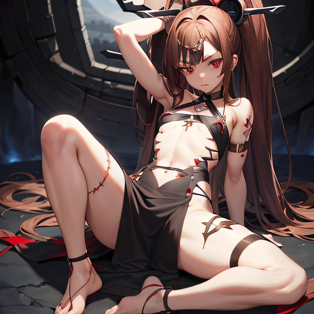 Painwheel, Red eyes,Brown hair,Small breasts,Barefoot, Black nail polish,venat,Scar, stitches, Crouching,
garments,White dress,side split ,No panties,Mask,Side Chest,Collar,arms cuffs,Bare shoulders, cover
Lateral chest,
PWblade, huge weapon on back
(insanely details, Beautiful detailed face, Masterpiece, Best quality)