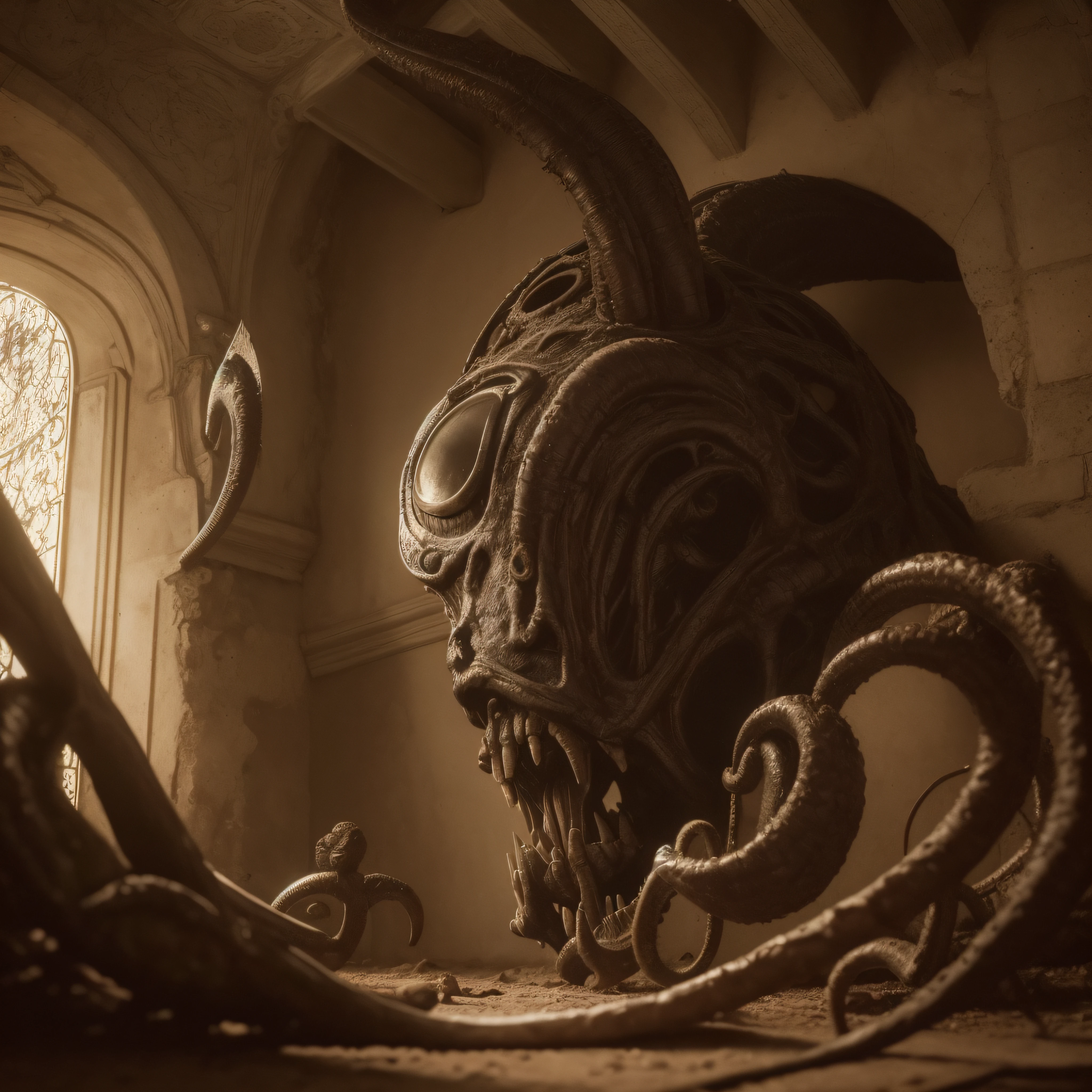 (extremadamente detallado, obra maestra, La mejor calidad), Estilo oscuro, intense illumination, rostro con arrugas, soldier, medieval armor, rusted, axe, tentacle, monstruoso, interior de una piscina de agua verdosa, imagen submarina, alien con Colmillos finos. manchas de tinta. Rococo composition. Luz de caravaggio