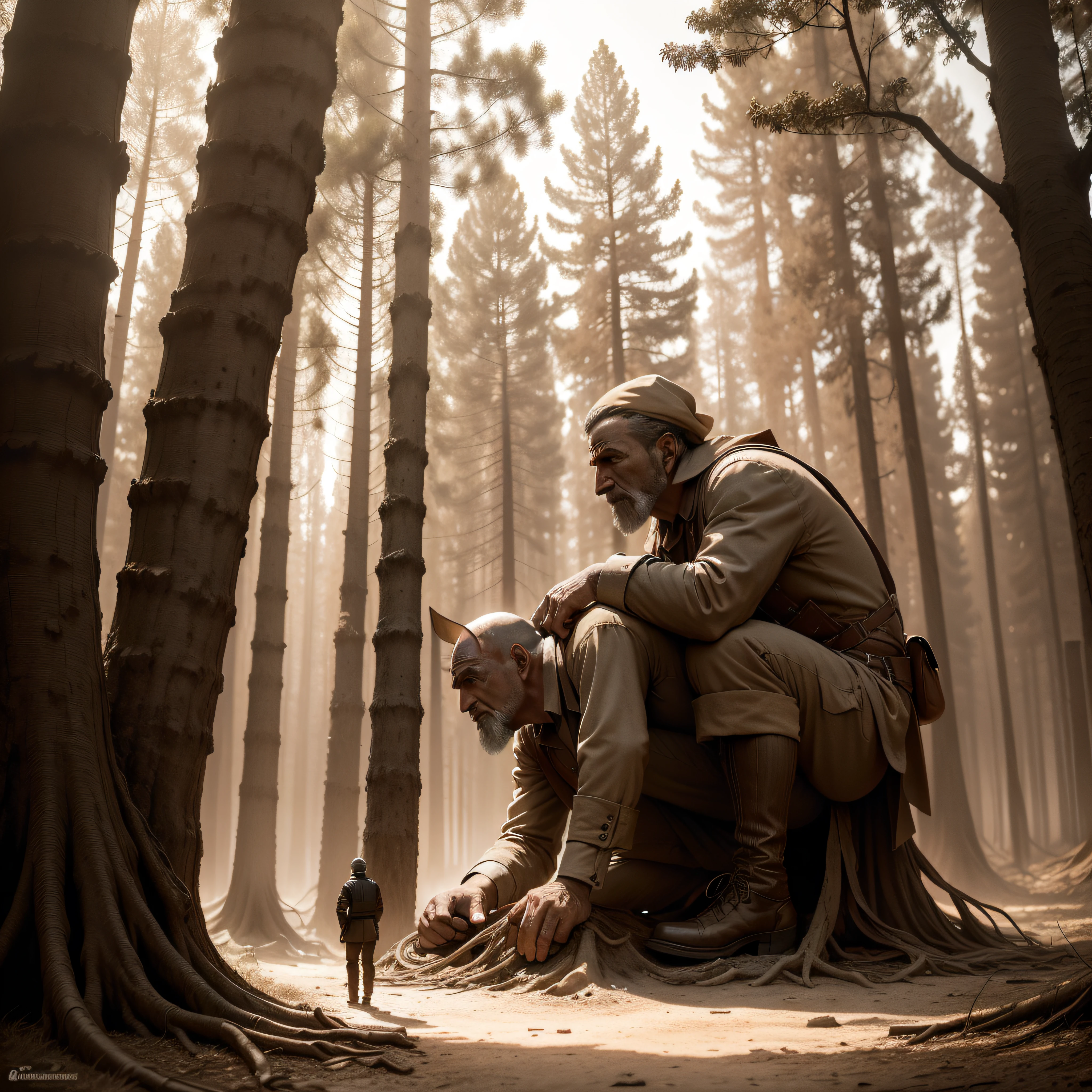 (extremadamente detallado, obra maestra, La mejor calidad, Tono sepia), un hombre con un hacha camina por un bosque. burned trees. Escultura renacentista en ruinas. soviet. Daytime Lighting.