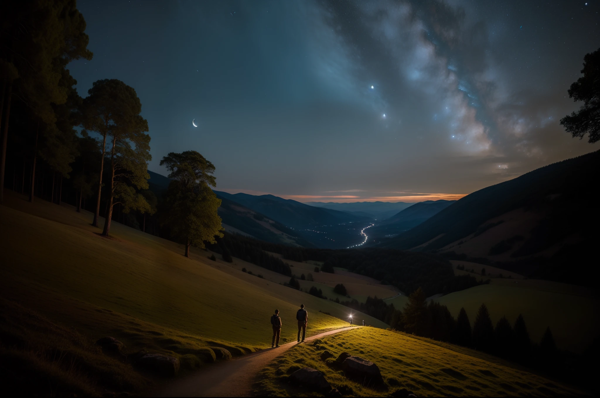 Portrait of a young young man walking at the of a hill, surrounded by big trees. View of the valley below. Magical and quiet atmosphere. Illuminated by full moonlight. Starry night.