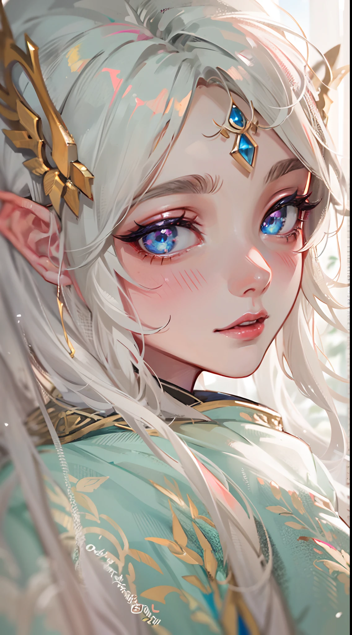 Anime girl with long hair and white blouse on the street of the city, Elf Girl, Beautiful Anime Portrait, Detailed Digital Anime Art, a portrait of an elf, she has elf ears and gold eyes, beautiful character painting, digital anime illustration, a portrait of an elf, artwork in the style of guweiz, fanart best artstation, elf princess, beautiful and elegant female elf
