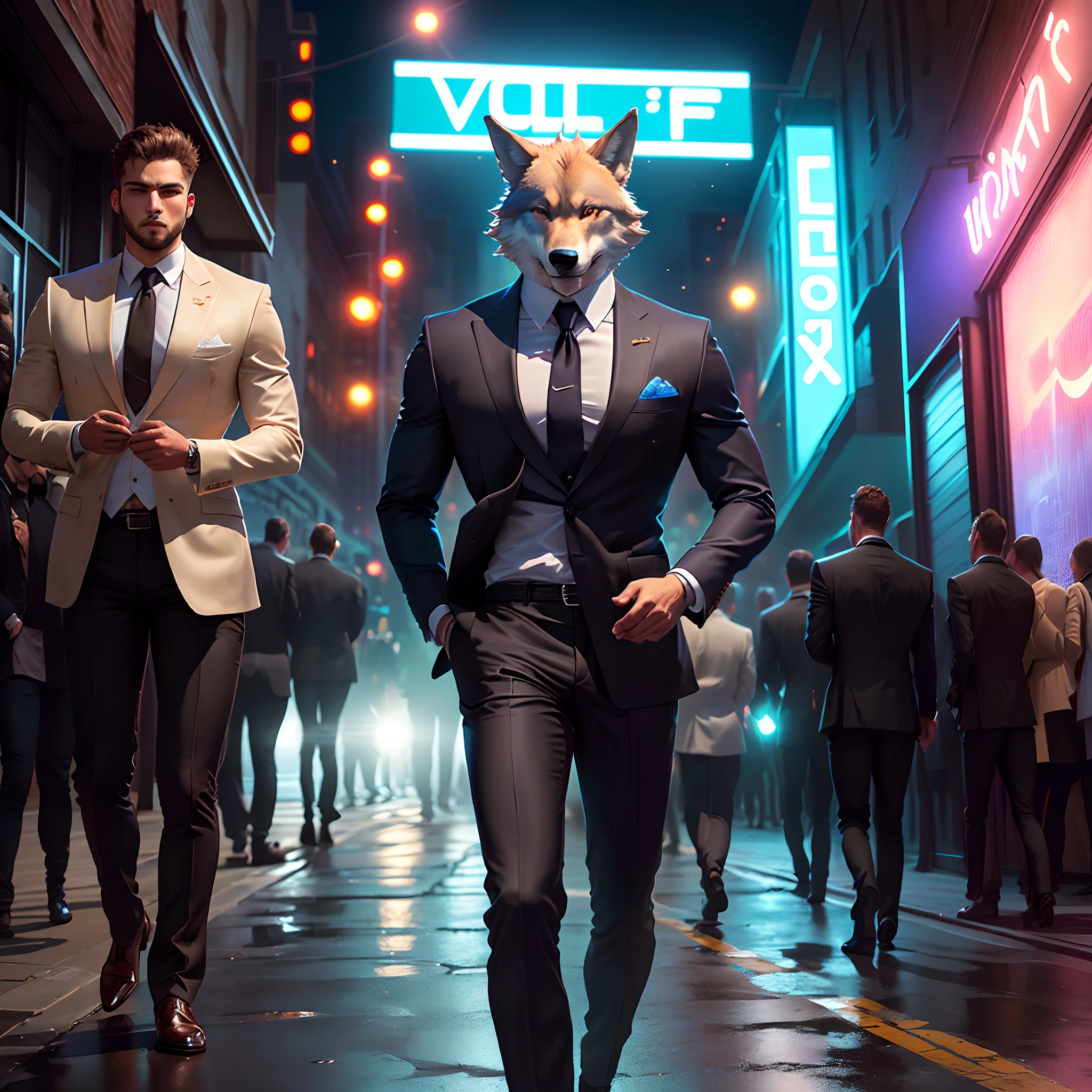 A human body with a strong and virile wolf's head in a flawless suit in front of a nightclub .