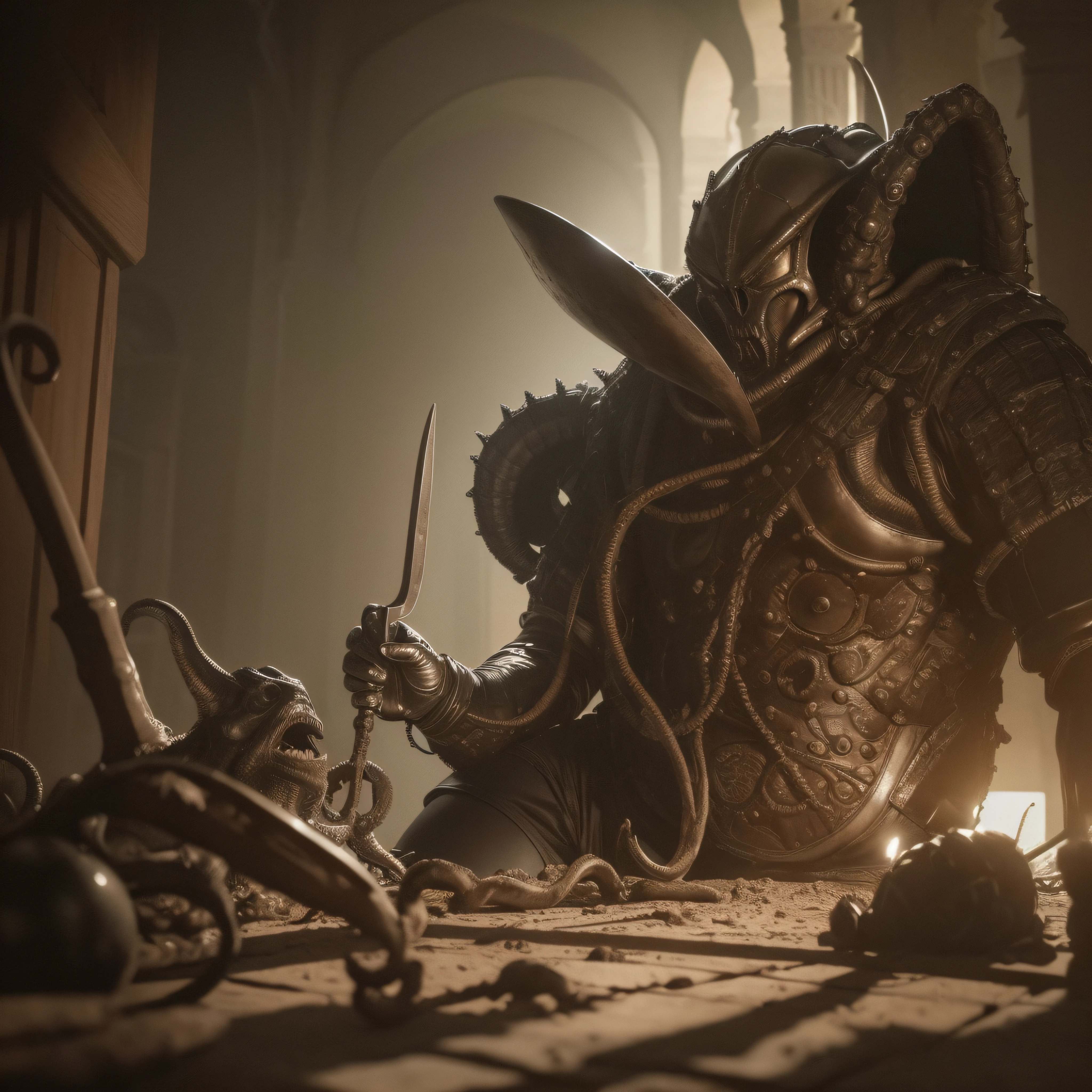 (extremadamente detallado, obra maestra, La mejor calidad), Estilo oscuro, intense illumination, rostro con arrugas, soldier, medieval armor, rusted, axe, tentacle, monstruoso, interior de una piscina de agua verdosa, imagen submarina, alien con Colmillos finos. manchas de tinta. Rococo composition. Luz de caravaggio