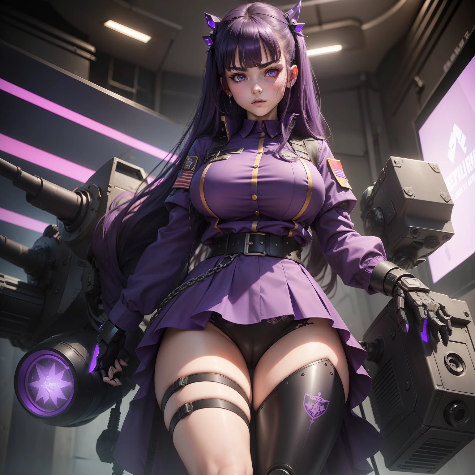 (teenager), (mean, superior gaze), (purple eyes), (detailed, glowing eyes), (perfect, angelic face), (purple spiked bangs), (military uniform), (flowery shirt under military uniform) ), (big breasts showing through her shirt), (big wet thighs), (skirt in military colors), (panties showing), (holding a controller in her hand), (a huge robot in the background), (long hair and points), (perfect waist 0.8), (perfect figure), (extremely detailed robot), (tattoo on legs)