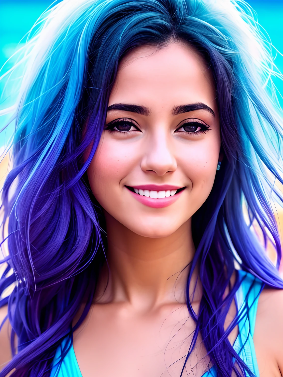 uma mulher sorridente de gengibre, uma praia de mar, cinemactic, cores esmaecidas, foto escura, cores suaves, filme granulado, lut, detalhes insanos, detalhes intrincados, hiperdetalhado, closeup, twilights, sem sarda no rosto, face mais volumoso e redondo