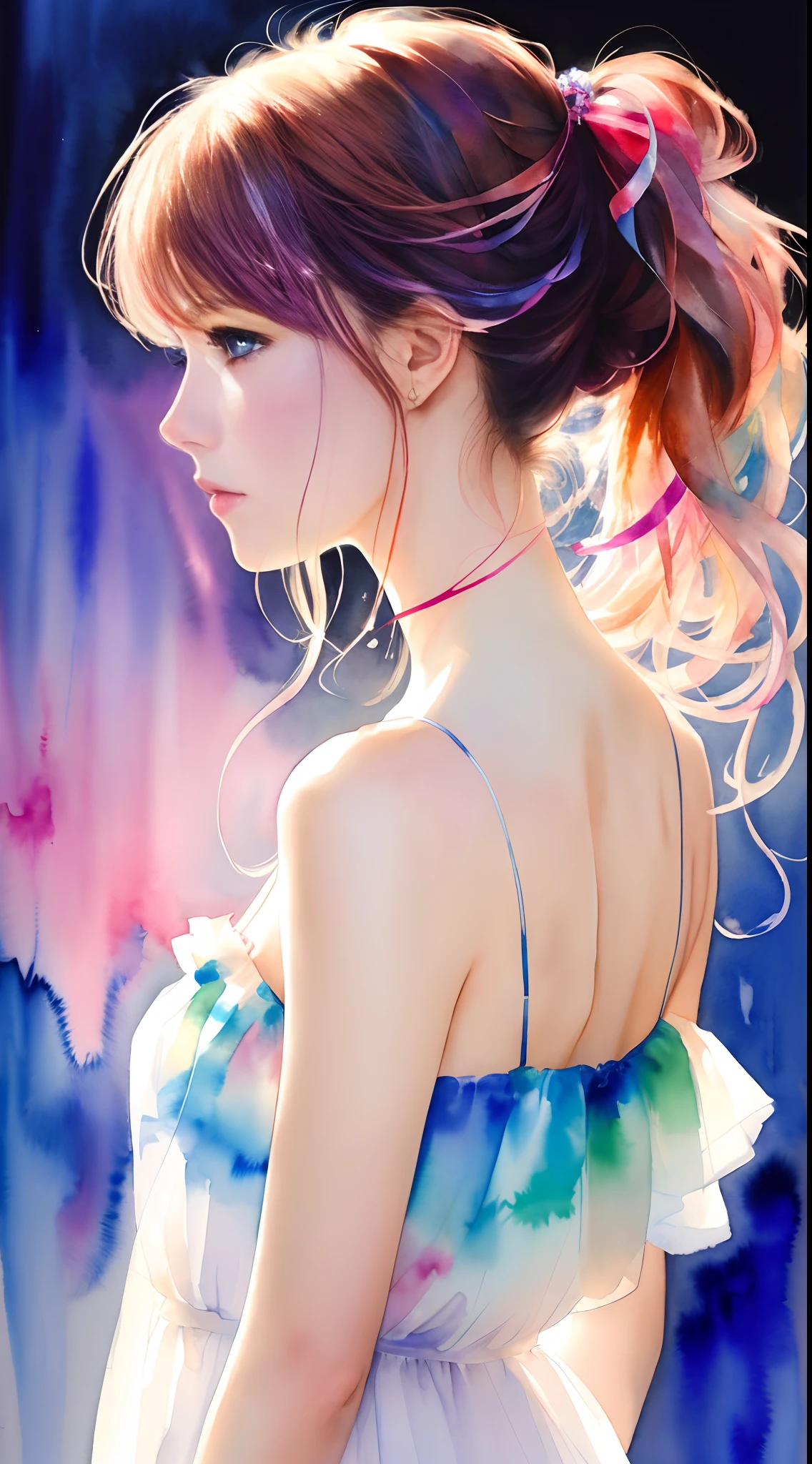 (8k, best quality, masterpiece:1.2),(best quality:1.0), (ultra highres:1.0), watercolor, a beautiful woman, shoulder, hair ribbons, by agnes cecile, half body portrait, extremely luminous bright design, pastel colors, (ink:1.3), autumn lights