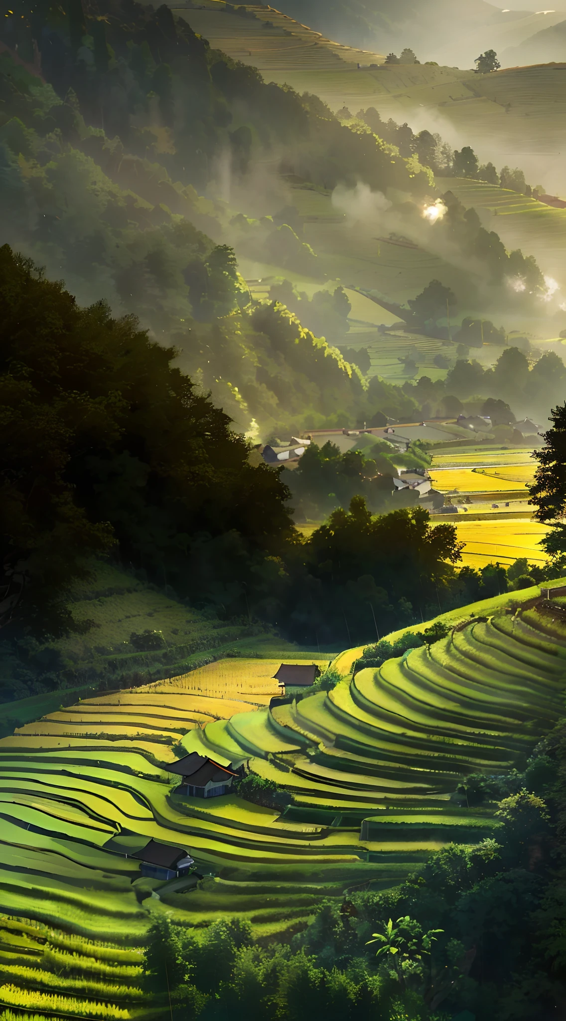Large expanses of terraced fields, mountains, huts, with rice fields, rice fields, neat rice seedlings in the fields, misty rain, villages, agriculture, in the tranquil landscape, misty weather, in the vast tranquil landscape, in the early morning, in the morning mist, behind a small village, mist, Japanese countryside, thatched roofs --v 6