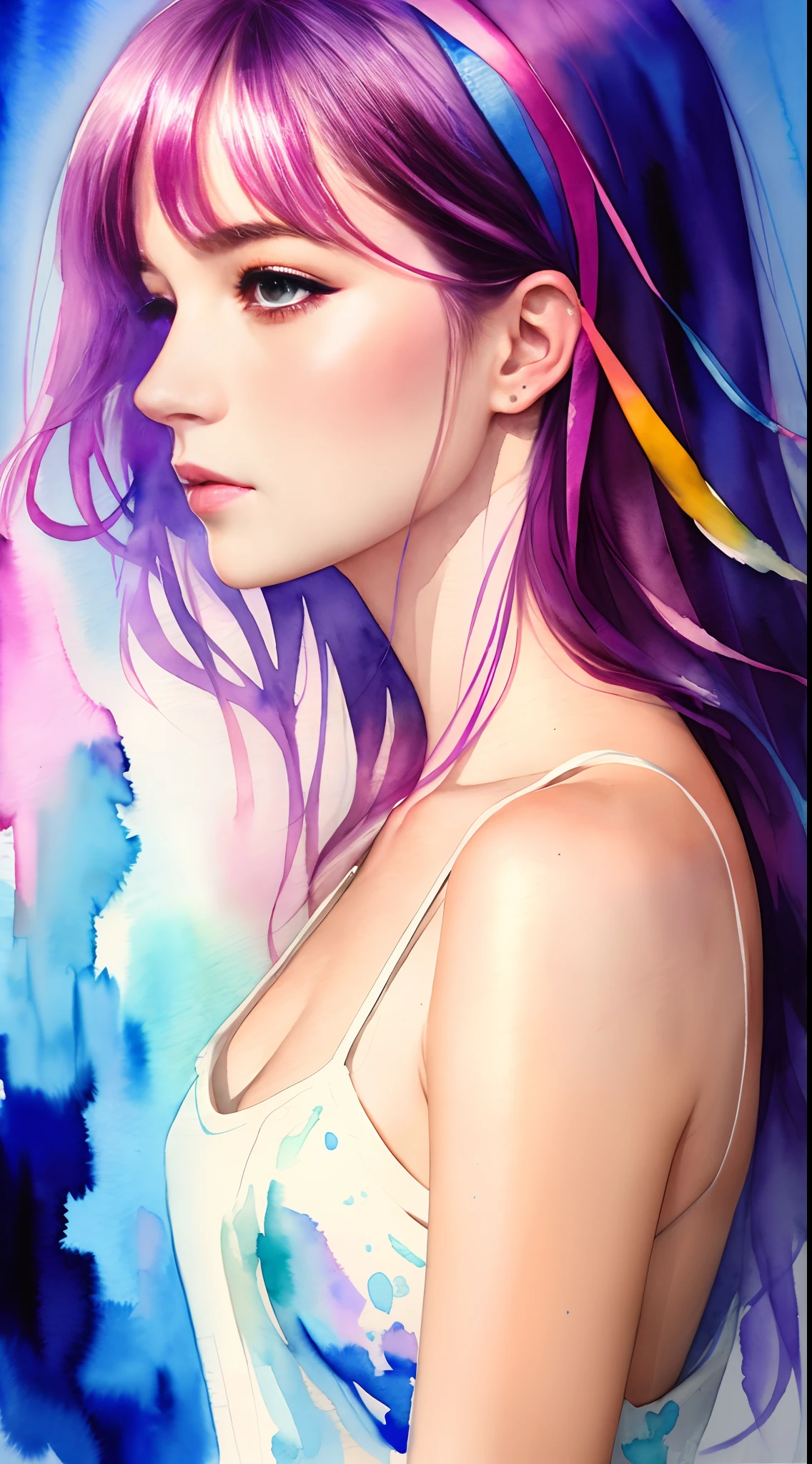 (8k, best quality, masterpiece:1.2),(best quality:1.0), (ultra highres:1.0), watercolor, a beautiful woman, shoulder, hair ribbons, by agnes cecile, half body portrait, extremely luminous bright design, pastel colors, (ink:1.3), autumn lights