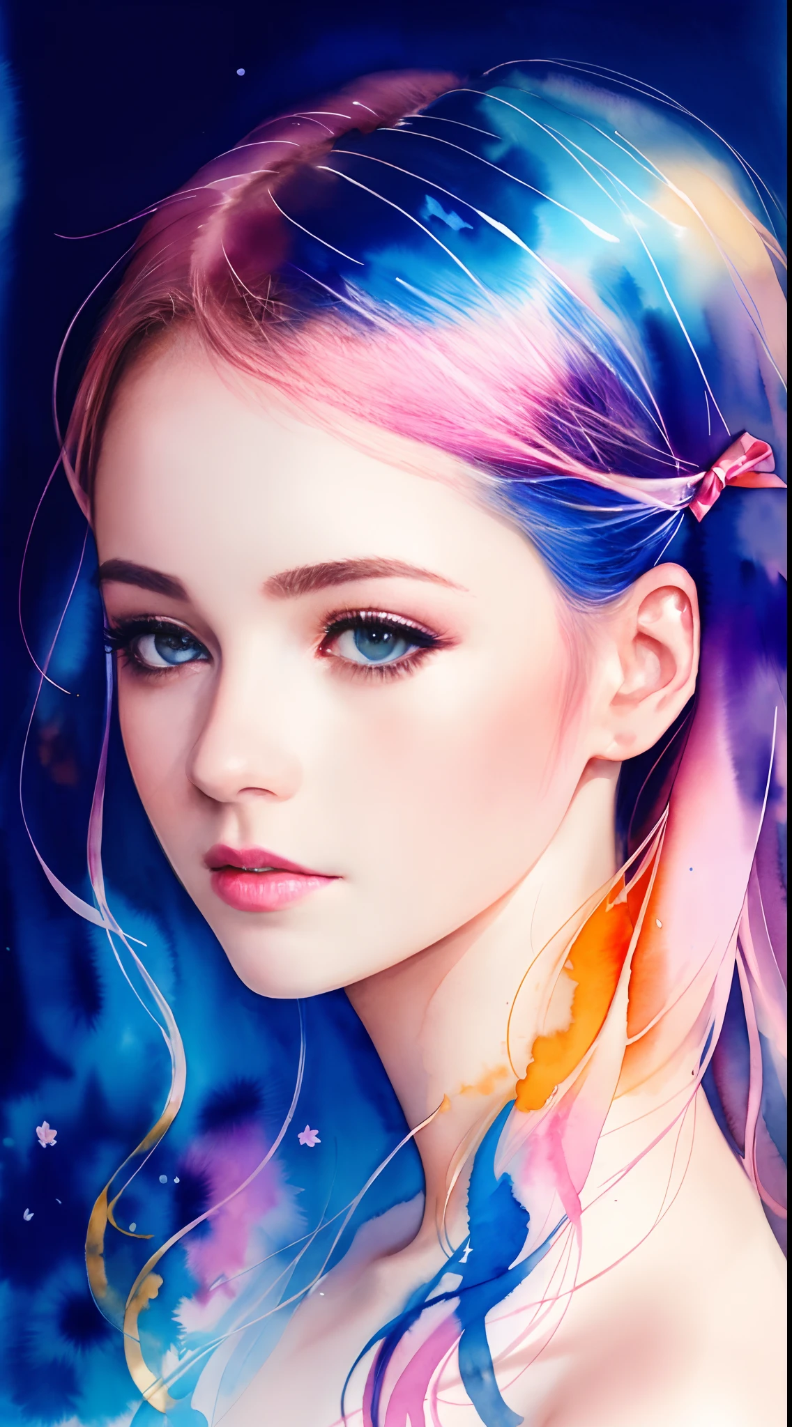 (8k, best quality, masterpiece:1.2),(best quality:1.0), (ultra highres:1.0), watercolor, a beautiful woman, shoulder, hair ribbons, by agnes cecile, half body portrait, extremely luminous bright design, pastel colors, (ink:1.3), autumn lights