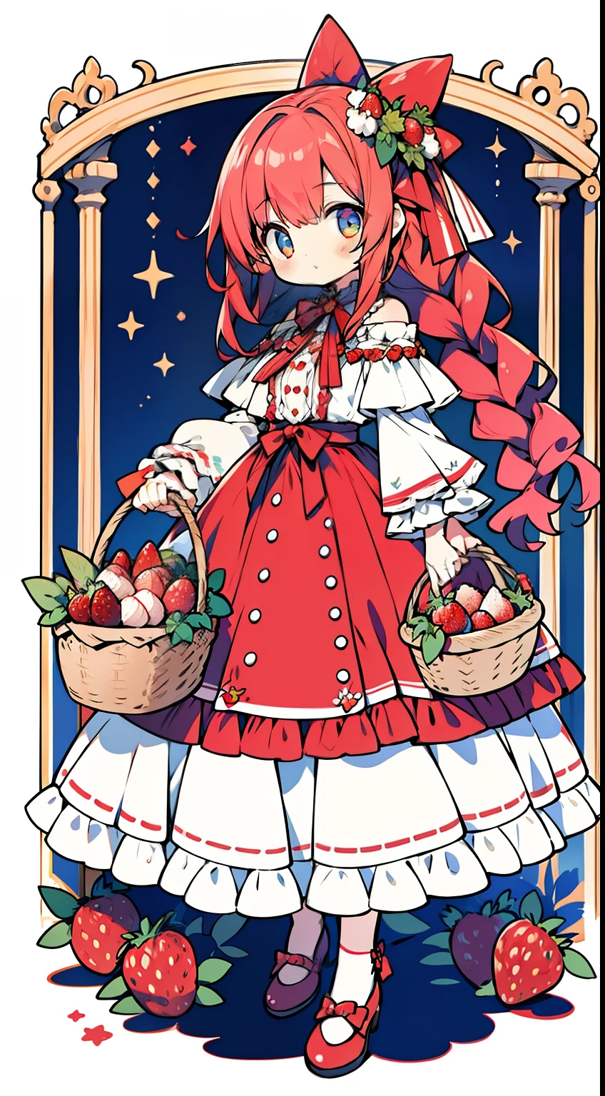 Standing picture、full body Esbian、cute little、​masterpiece、top-quality、Top image quality、Ichigo、Strawberry hair ornament、Basket of strawberries、Strawberry Dresses、Red ribbons