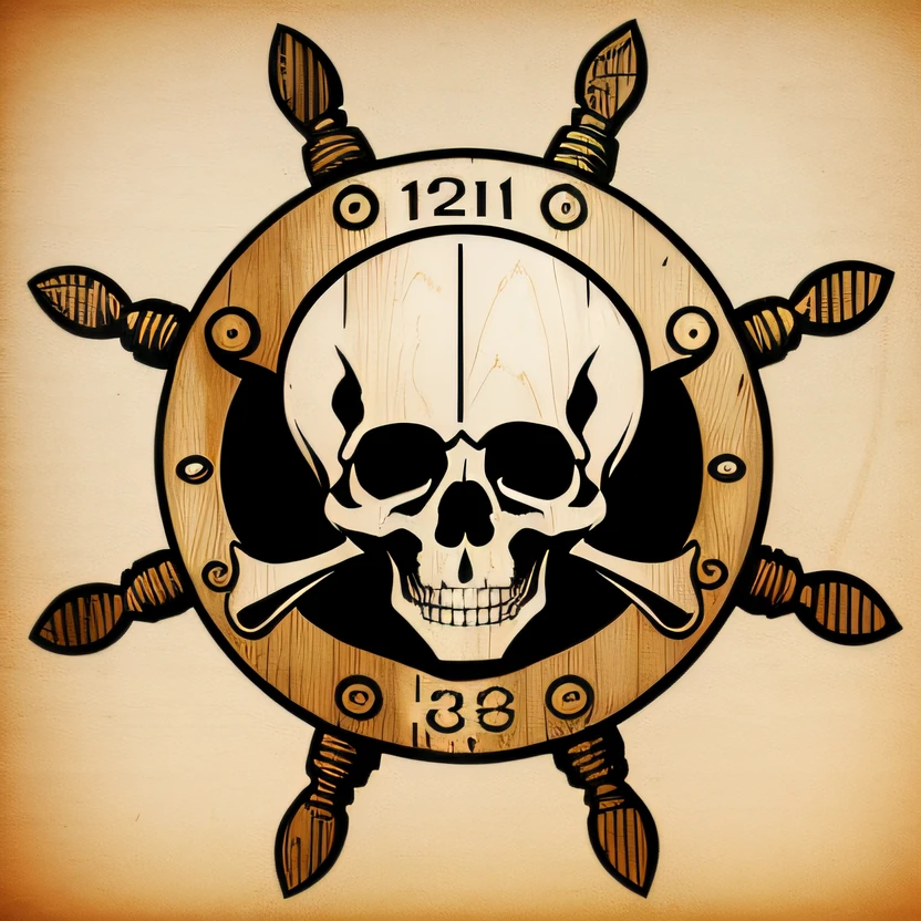 (RUDDER) Hay una rueda pirata, wooden rudder with a skull, un volante, ornate piracy, Logotipo pirata, pirate themed, PIRATA, steampunk design, Themed steampunk images, Arte Steampunk de alta calidad, Entorno pirata, Estilo Sea of Thieves, detailed steampunk illustration, Skull and bones, Arte vectorial altamente detallado, Wooden boat rudder