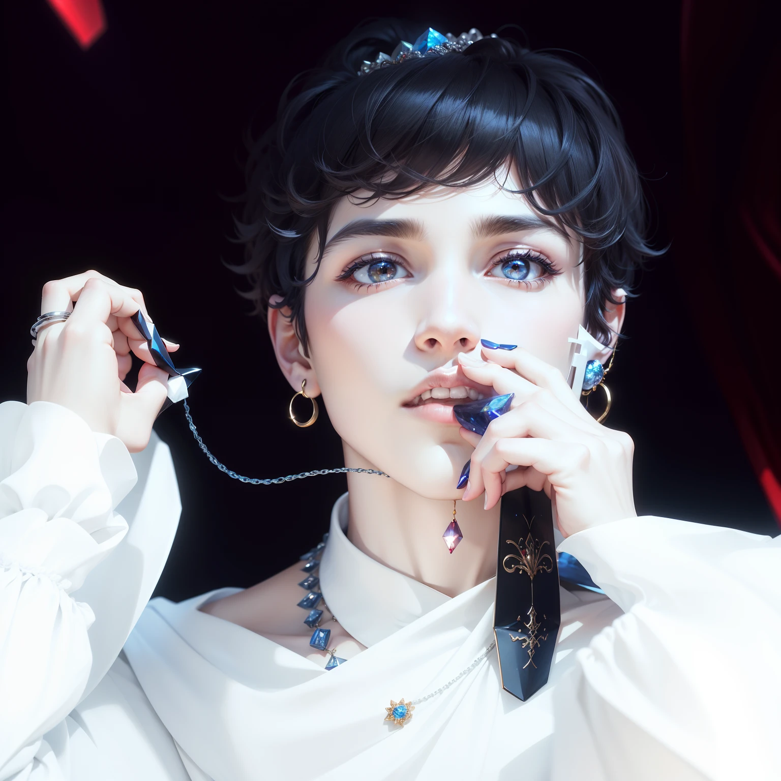 Handsome boy,tmasterpiece,high qulity,3d,8k cg,Complicated details,detailed back ground,Holy。trinkets,by DylanKowalski,((1girl)),The upper part of the body,Hollows in the skin,side looking,short detailed hair,synthetic skin,chinaware,pearls,holograph,TI,diamond,Red Jewel,sapphires,Pedras preciosas,