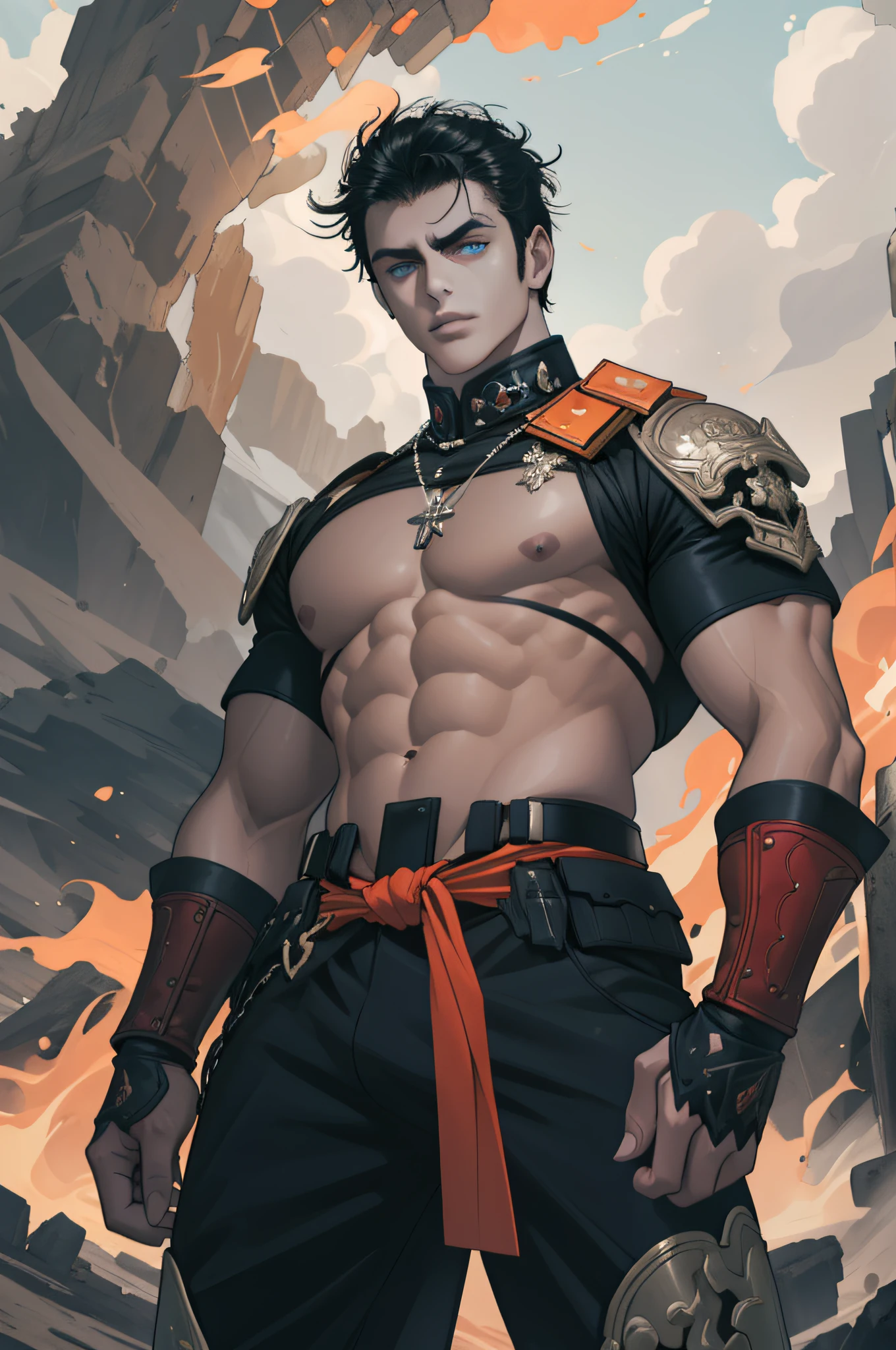 (obra-prima, melhor qualidade), 1 macho, maduro, envelhecido: 1.4, cara musculoso alto, ombros largos, olhos finamente detalhados e rosto detalhado, ((ultra-detailed)), (((human hand))), (((five-fingered hand))), (((detailed hands))), (((detailed fingers))), fingers without deformations, (((Detailed eyes description))), greater contrast, 4k, 8k, hyperrealistic, (((detailed face))), extremamente detalhado CG unidade papel de parede 8k, detalhes intrincados, cabelo muito curto, mercenary, Efeito Chama, punho forte, Battle action, dramatic, dynamic movement, lutador, deserto, tempestade de areia,