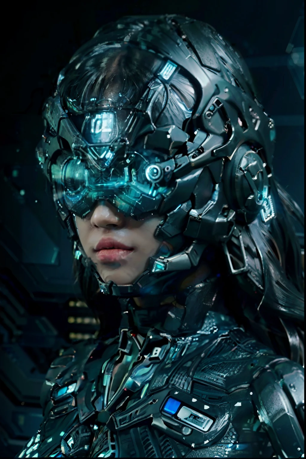 ((Best quality)), ((masterpiece)), (highly detailed:1.3), 3D,rfktr_technotrex, beautiful cyberpunk woman with voluminous hair,(wearing head-mounted display that is chunky and hi-tech:1.2),hacking a computer terminal,computer servers, LCD screens, fibre optic cables, corporate logos,HDR (High Dynamic Range),Ray Tracing,NVIDIA RTX,Super-Resolution,Unreal 5,Subsurface scattering,PBR Texturing,Post-processing,Anisotropic Filtering,Depth-of-field,Maximum clarity and sharpness,Multi-layered textures,Albedo and Specular maps,Surface shading,Accurate simulation of light-material interaction,Perfect proportions,Octane Render,Two-tone lighting,Low ISO,White balance,Rule of thirds,Wide aperature,8K RAW,Efficient Sub-Pixel,sub-pixel convolution,luminescent particles,light scattering,Tyndall effect, black background, dark, vr,  less detailed