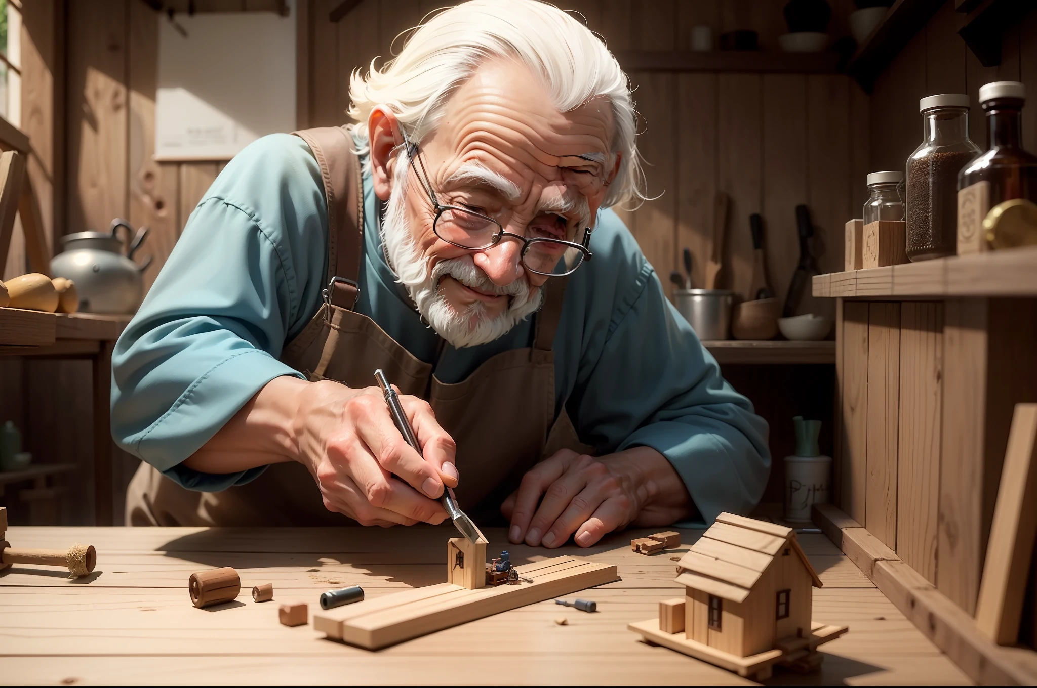 An elderly man hunched over a woodworking workshop, working delicately on building a beautiful miniature boat inside a bottle. Ao seu redor, Multiple tools, madeiras e outros materiais que ele utiliza para desenvolver suas habilidades na marcenaria, um hobby que o apaixona. He has a satisfied smile on his face as he does such meticulous work. Behind him, a palavra "Ikigai" it is written with letters made of sawdust, representing how to devote time regularly to meaningful activities that combine talent, Passion and Purpose Brings Great Joy.