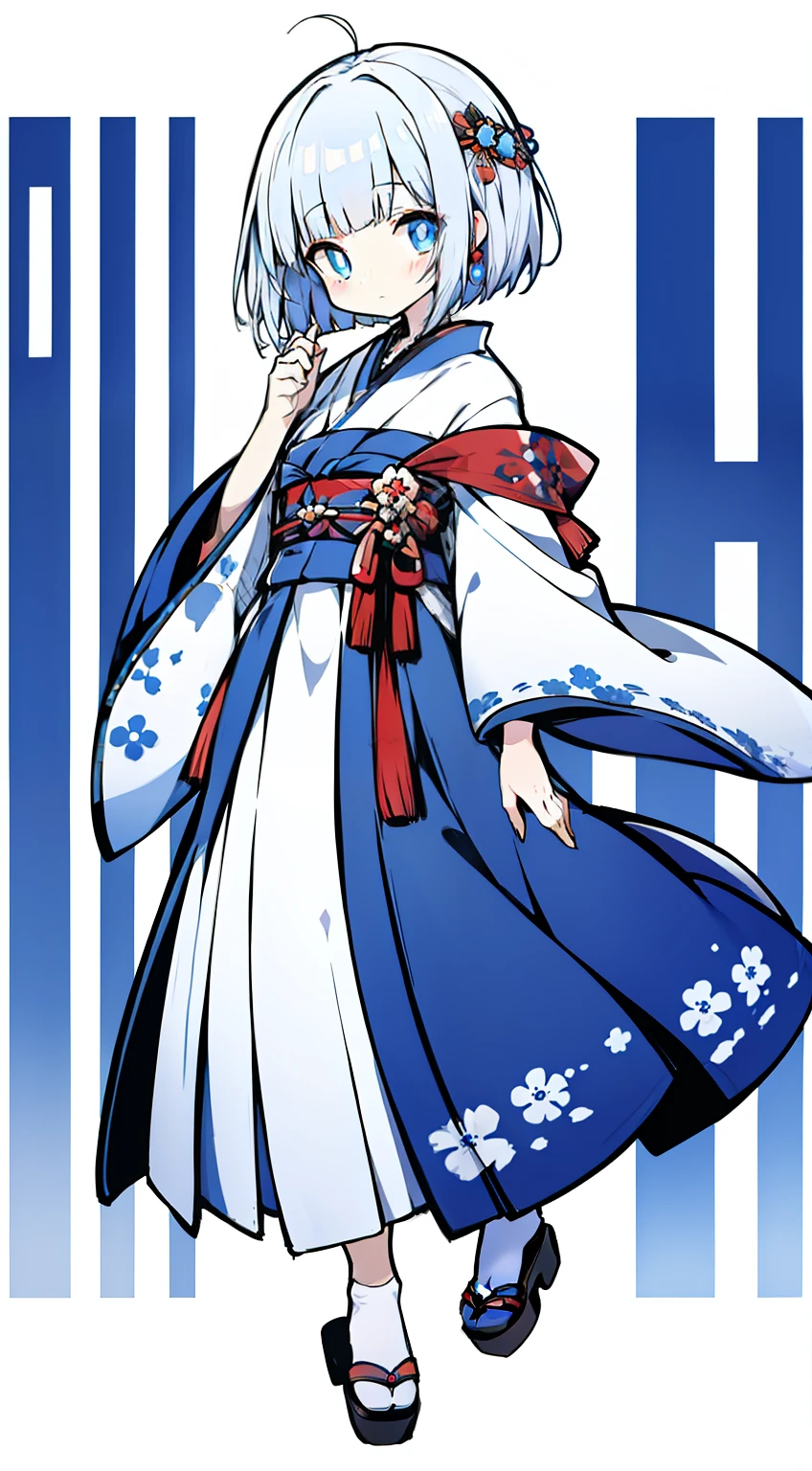 Standing picture、full body Esbian、frontage、blue hairs、blue eyess、Kimono Dresses、A Japanese style、white backgrounid、Straight face、bob cuts、deadpan、