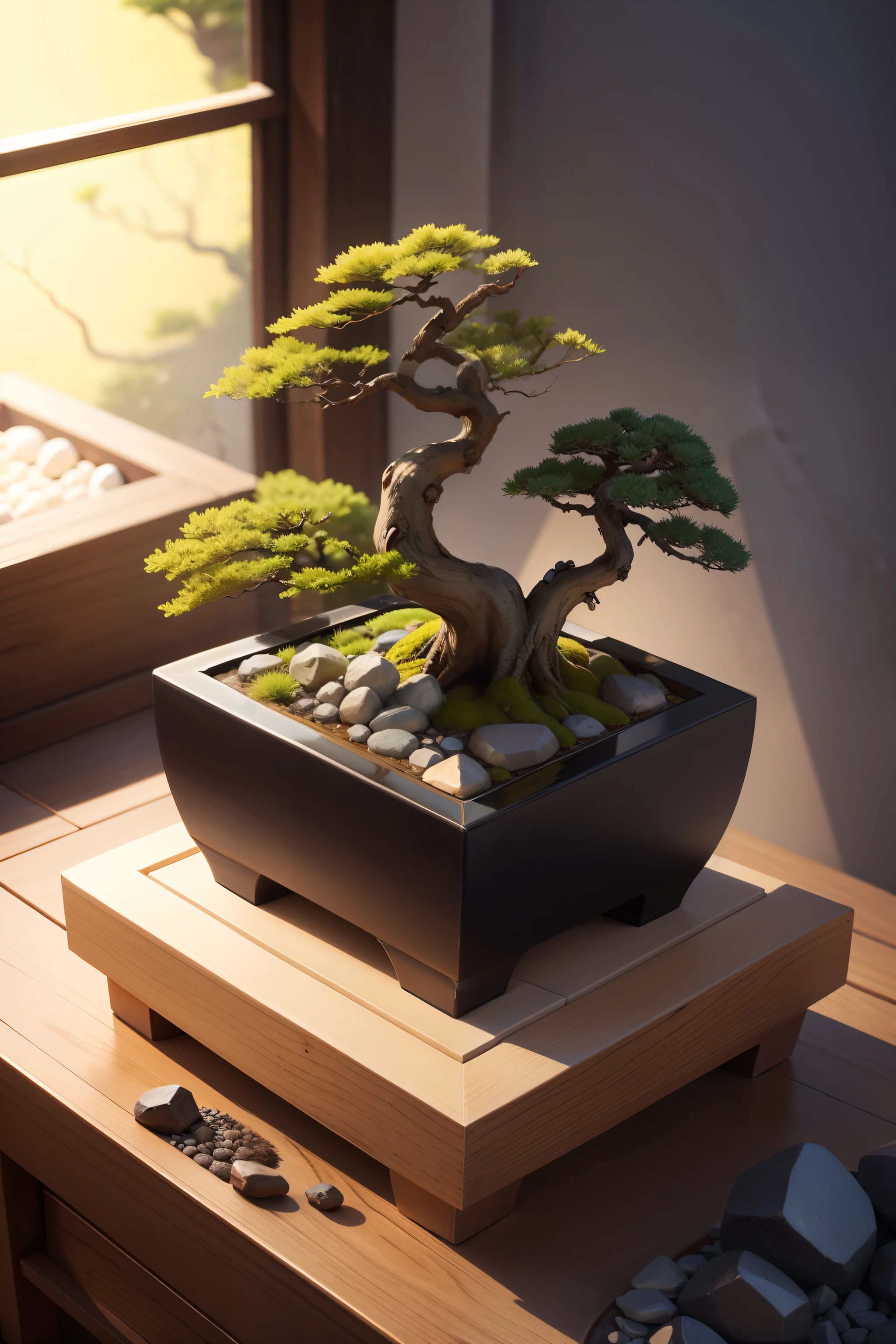 some precious stones in a box over a zen garden bonsai