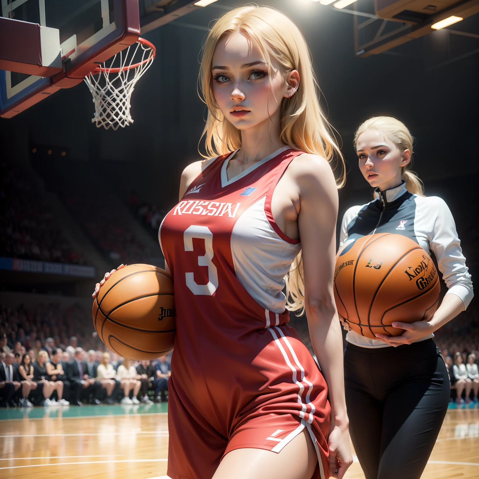 Russian women、Human skin feel、Realistic Woman、Basketball court、Basketball attire、elegent