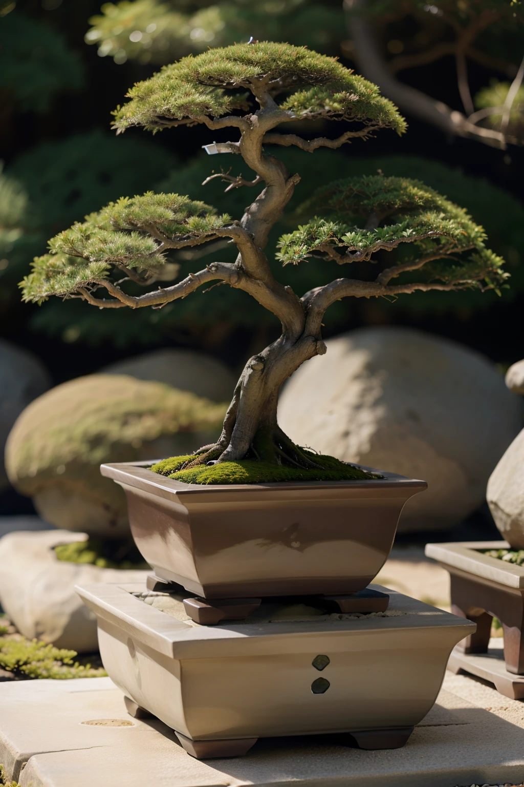 some precious stones in a box over a zen garden bonsai, 8k, canon Full Frame Sensor, 85mm prime lens with 2.0 Aperture
